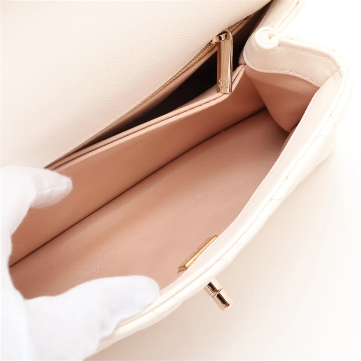 Coco Handle 24 XS Caviar Skin 2-Way Handbag, White with Gold Hardware, H2XLU24K, Random Plate, A92990 — view 8