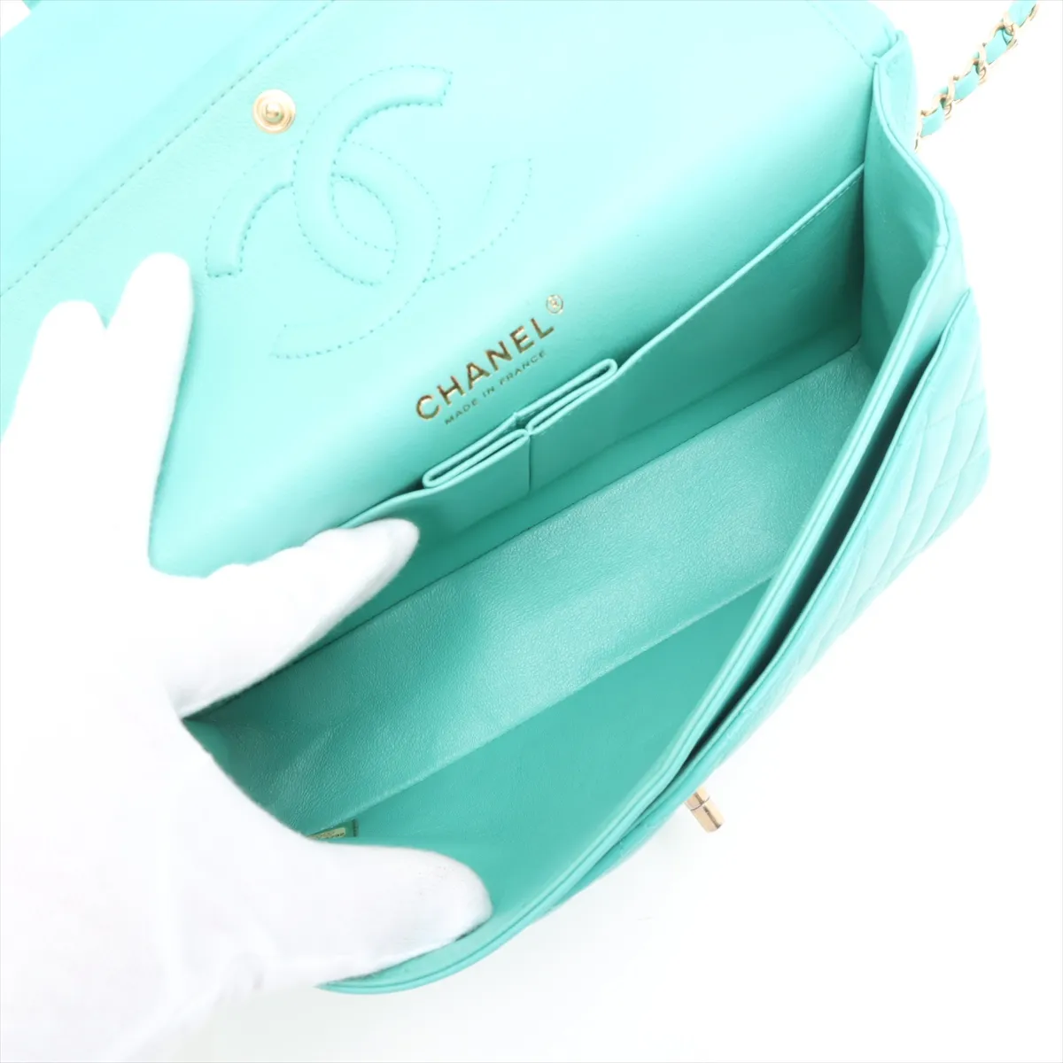 [Individually wrapped] Chanel Matelasse 25 Lambskin Double Flap Double Chain Bag Blue Gold Hardware 27912792 27th Series A01112 — view 6