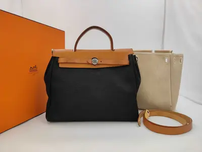 Herbag PM Handbag E Toile Officier/Toile H Brown/Black/Ivory W30cm Handbag