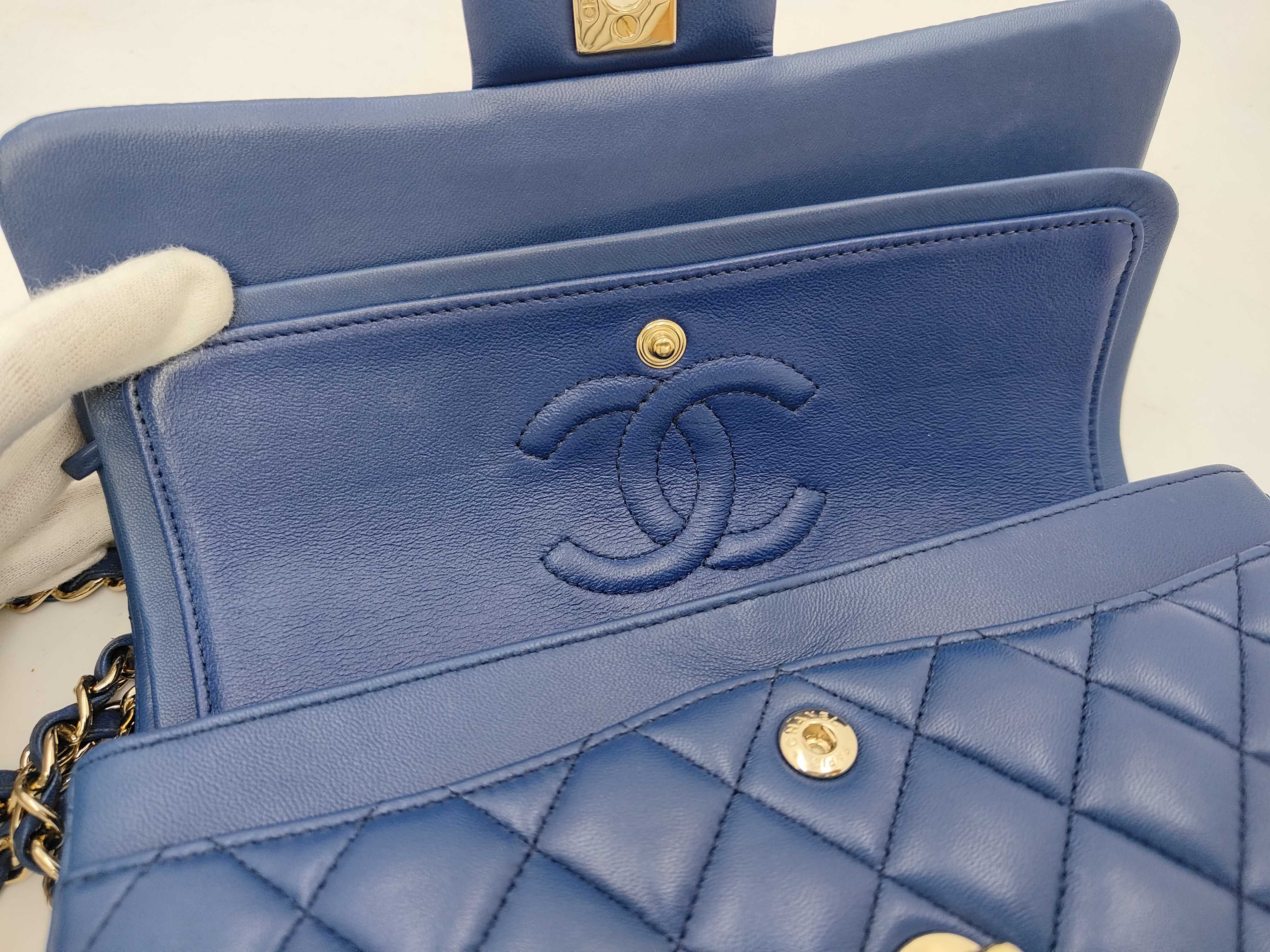 Matelassé 23 Lambskin Gold Hardware Double Flap Double Chain Shoulder Bag, Serial Number , A01113, Blue Shoulder Bag — view 9