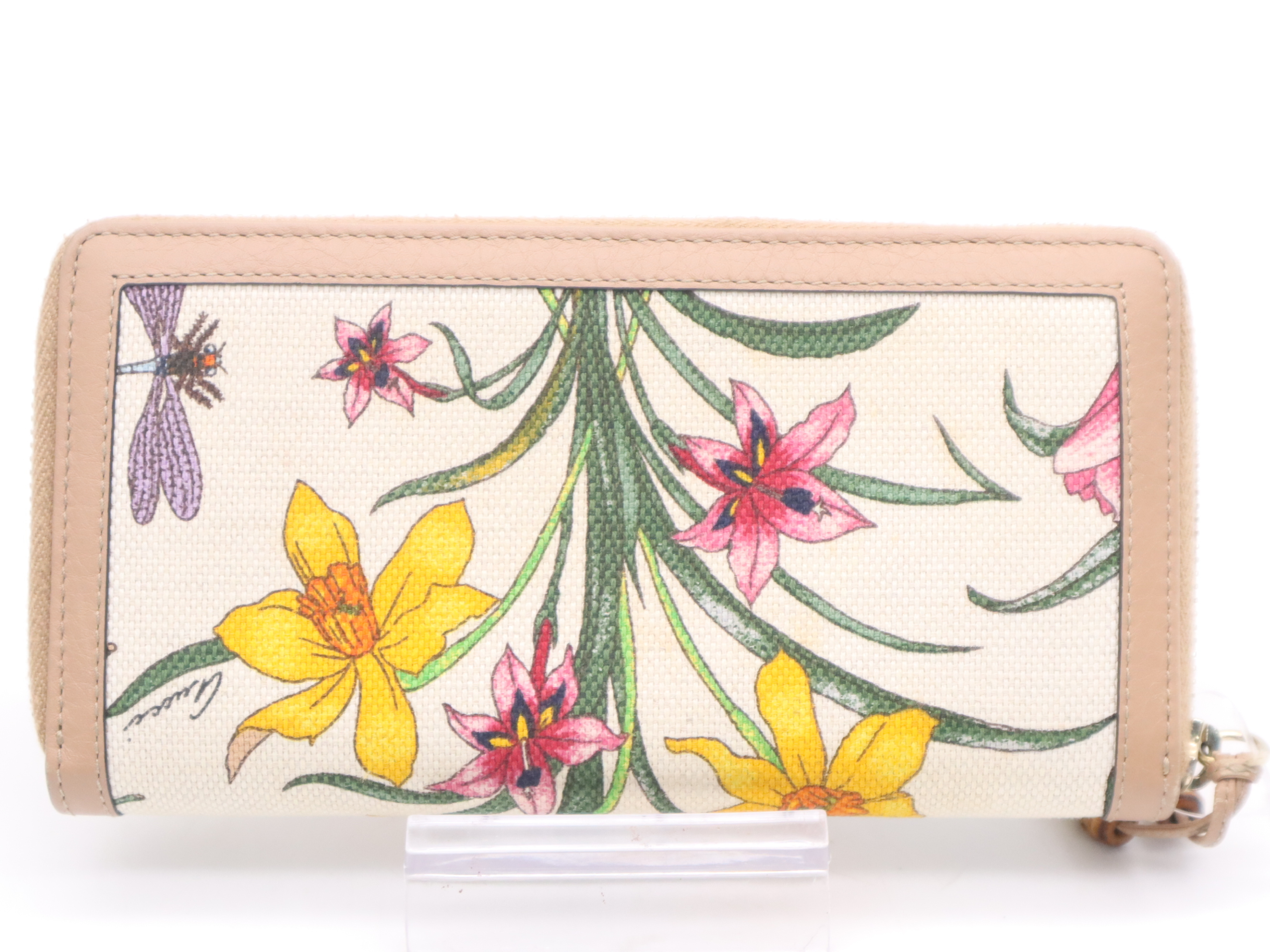 356708 Canvas/Leather/Bamboo 50th Anniversary in Japan Flora Bamboo Tassel Round Zip Long Wallet Beige Multicolor with Box — view 2