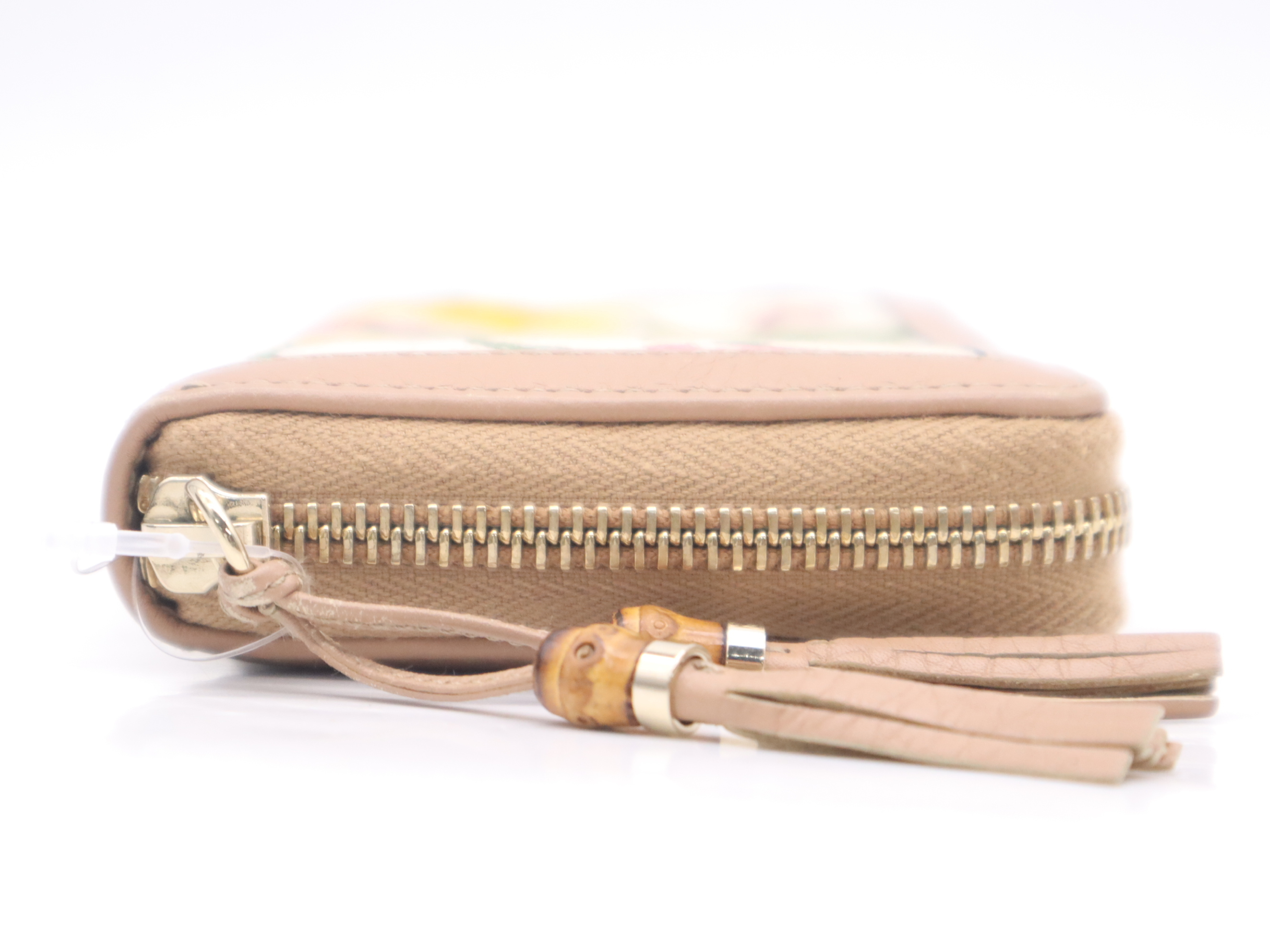 356708 Canvas/Leather/Bamboo 50th Anniversary in Japan Flora Bamboo Tassel Round Zip Long Wallet Beige Multicolor with Box — view 5
