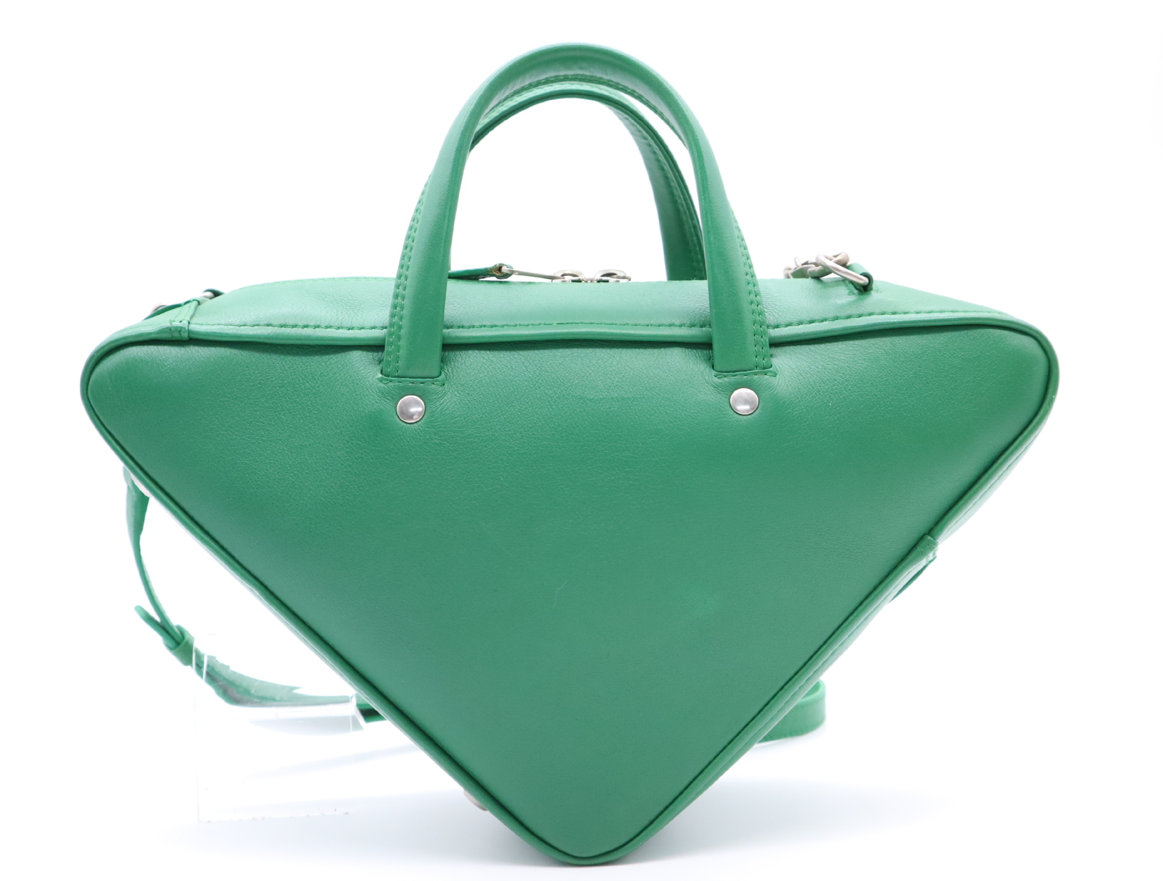 Leather Triangle 2-Way Handbag, Green, Silver Hardware, with Shoulder Strap — view 2