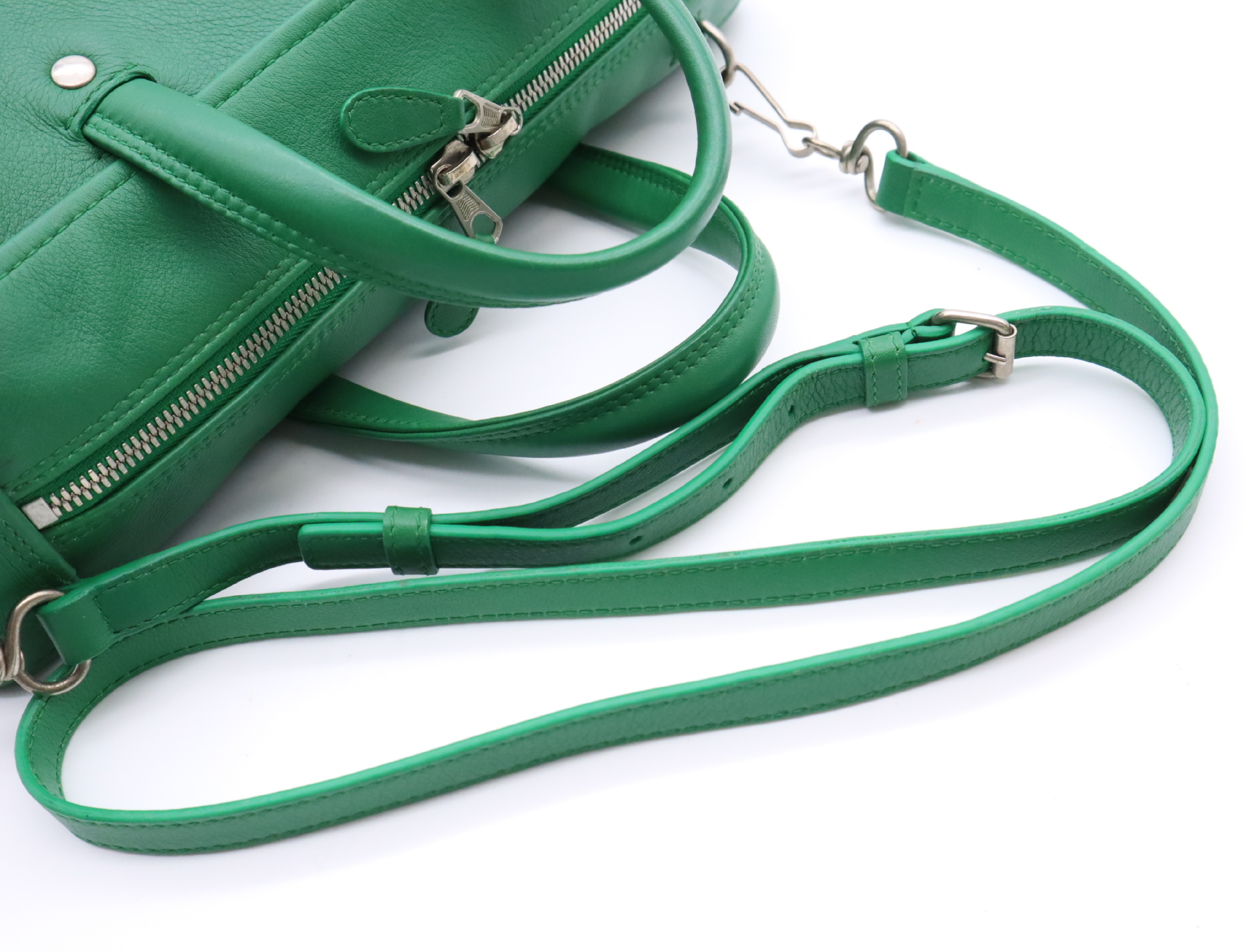 Leather Triangle 2-Way Handbag, Green, Silver Hardware, with Shoulder Strap — view 11