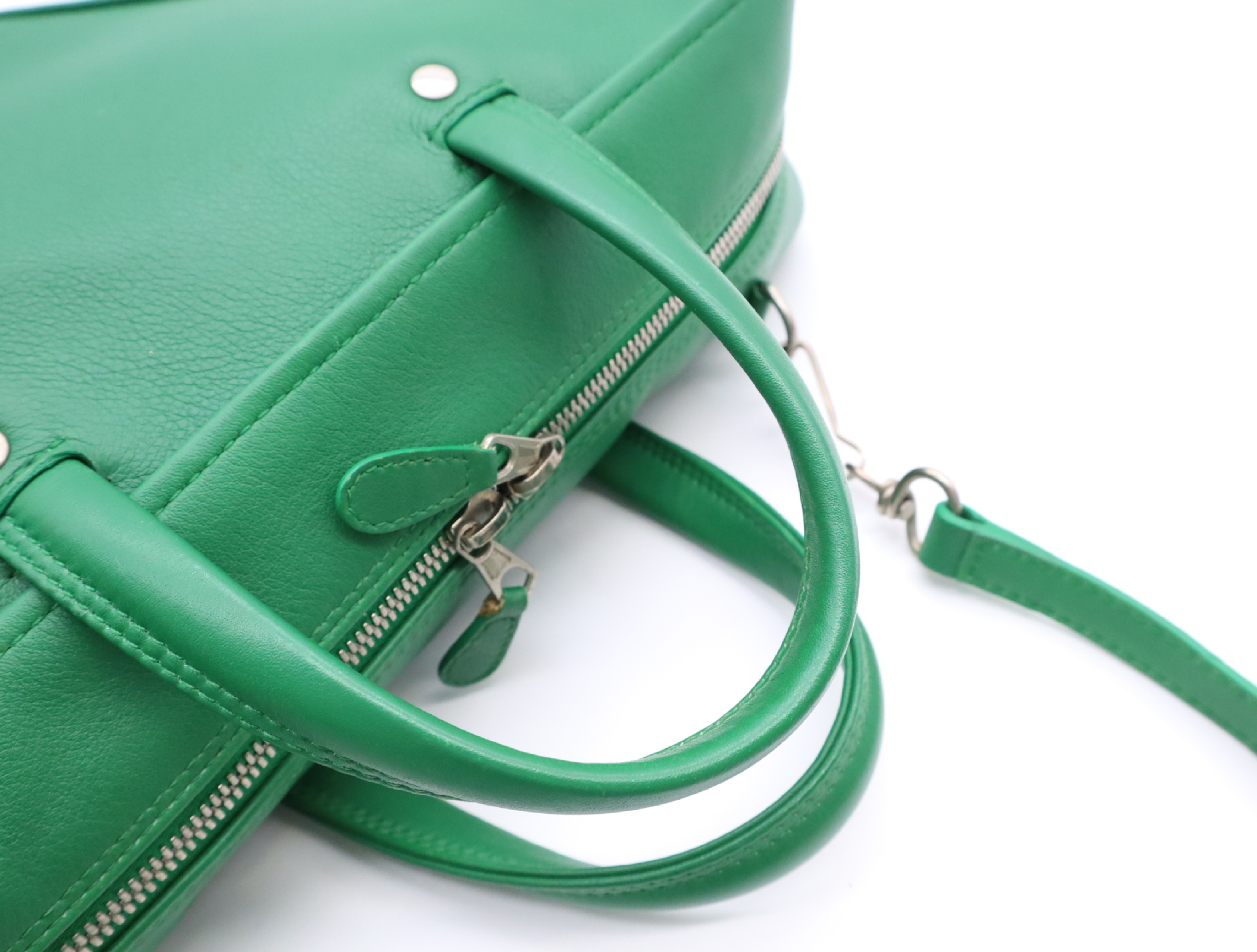 Leather Triangle 2-Way Handbag, Green, Silver Hardware, with Shoulder Strap — view 12