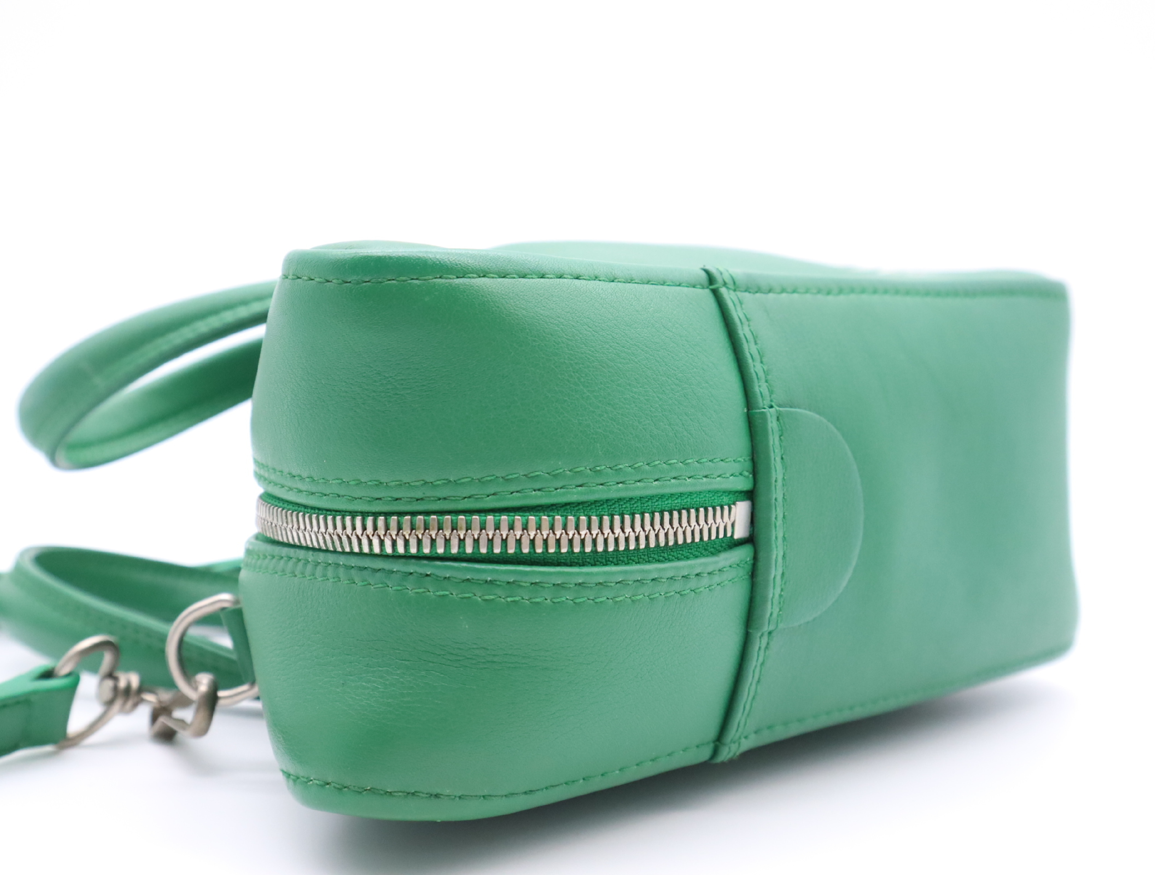 Leather Triangle 2-Way Handbag, Green, Silver Hardware, with Shoulder Strap — view 3