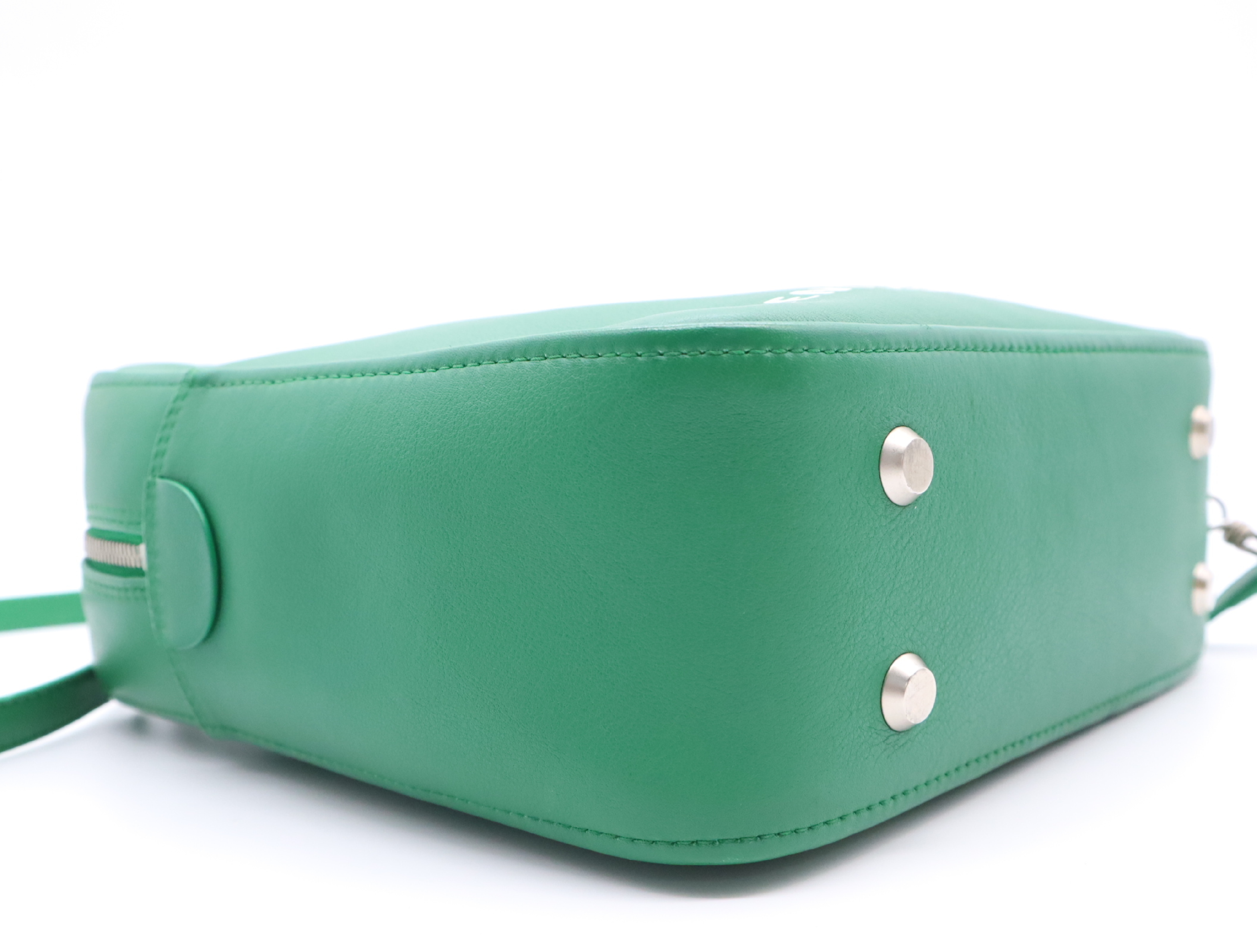 Leather Triangle 2-Way Handbag, Green, Silver Hardware, with Shoulder Strap — view 4