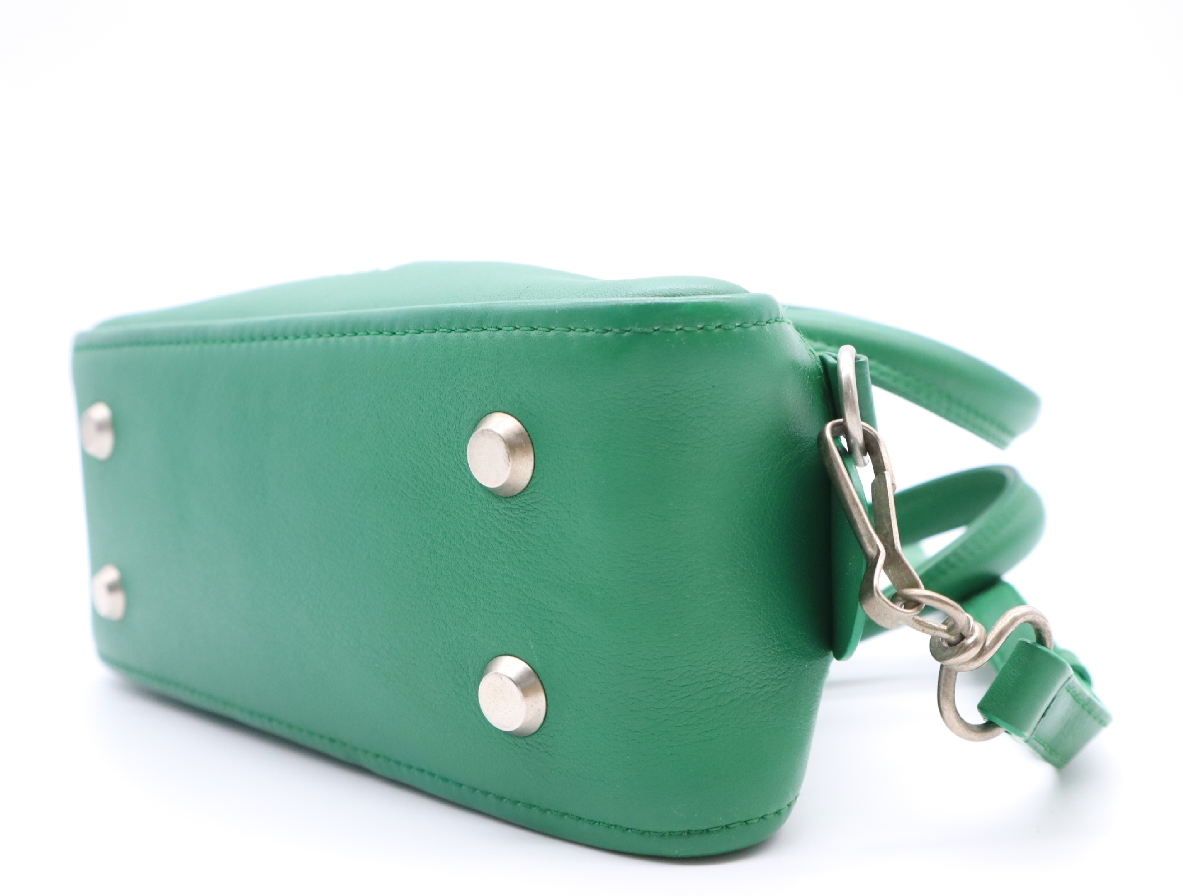 Leather Triangle 2-Way Handbag, Green, Silver Hardware, with Shoulder Strap — view 5
