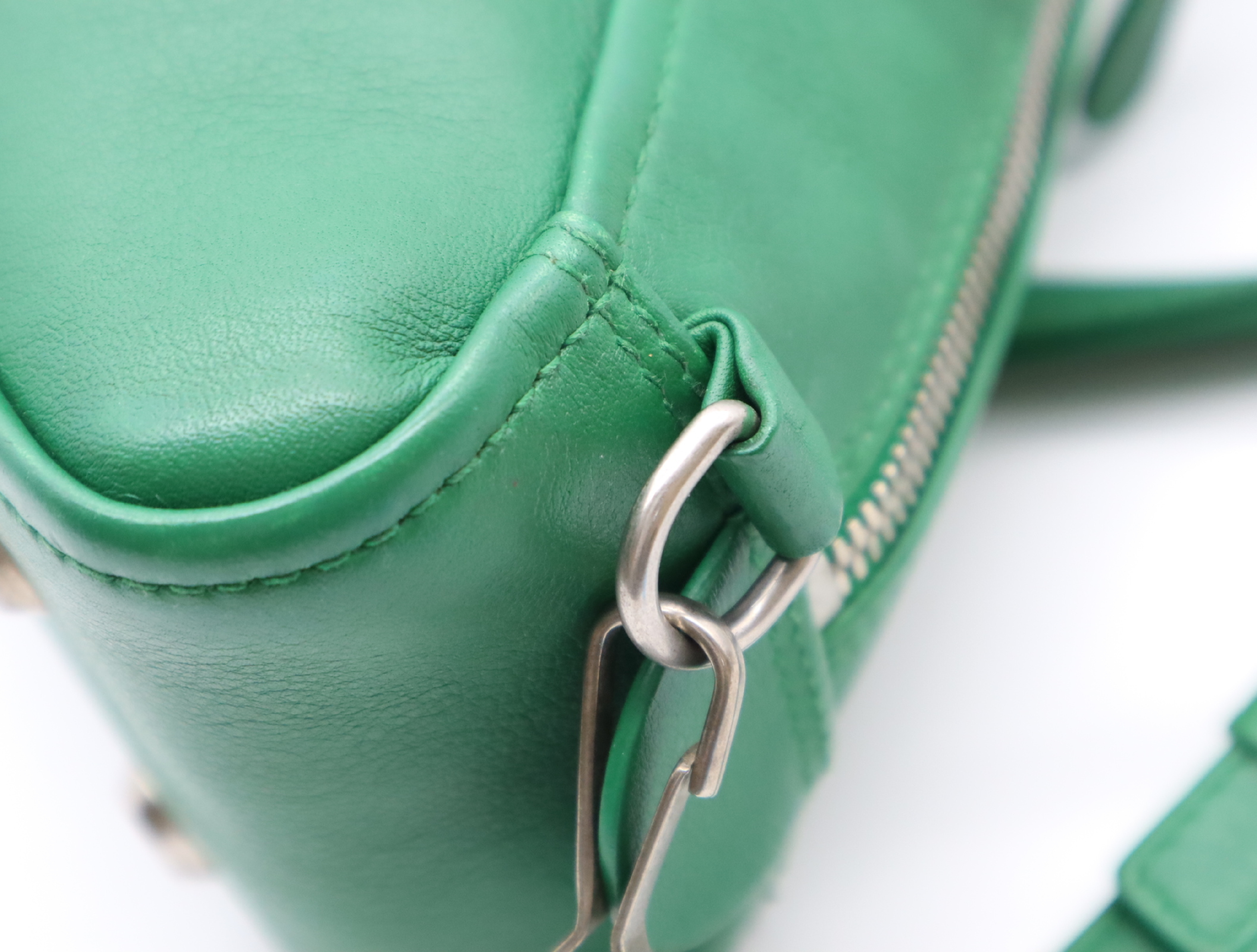 Leather Triangle 2-Way Handbag, Green, Silver Hardware, with Shoulder Strap — view 7