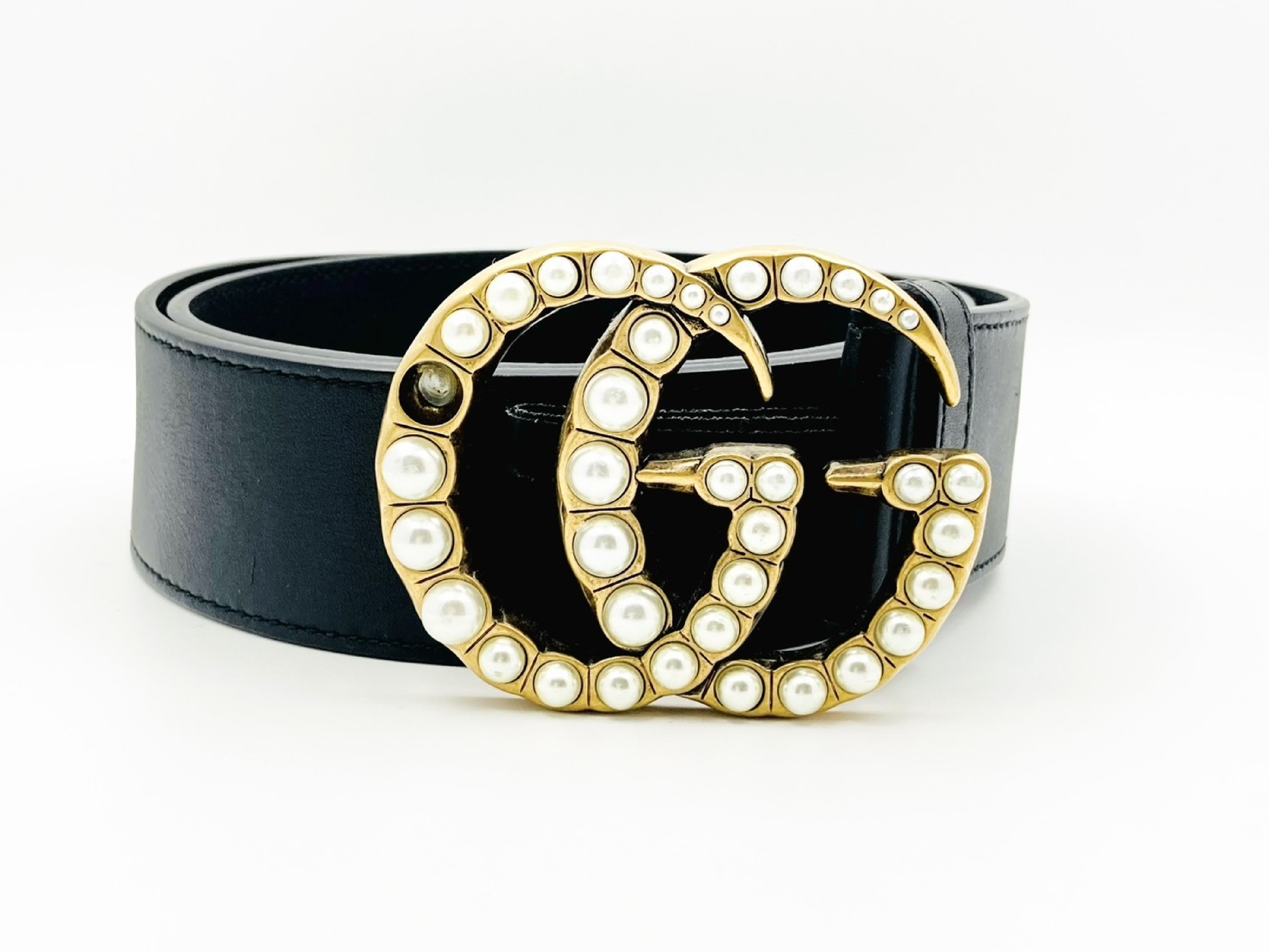 453260 Double G Pearl Studded Leather Belt 85/34 Black Belt