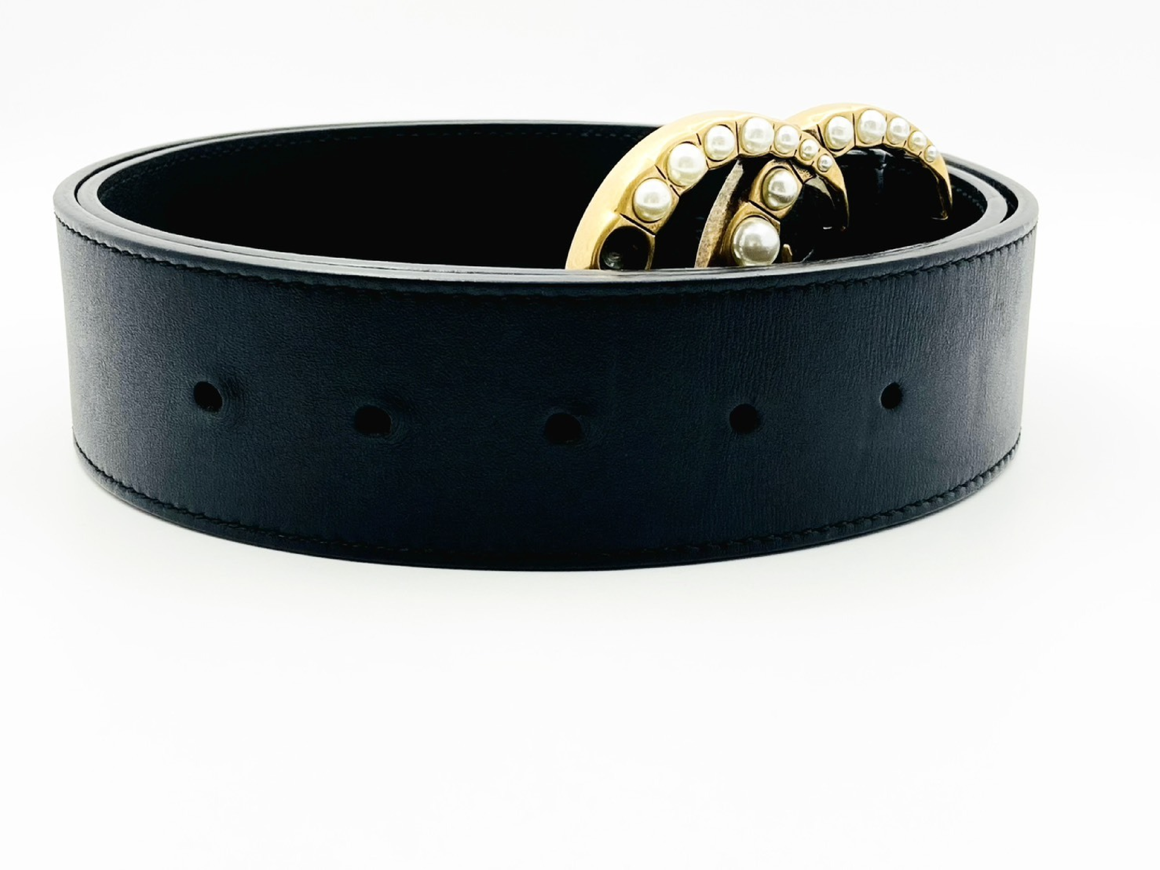 453260 Double G Pearl Studded Leather Belt 85/34 Black Belt — view 4
