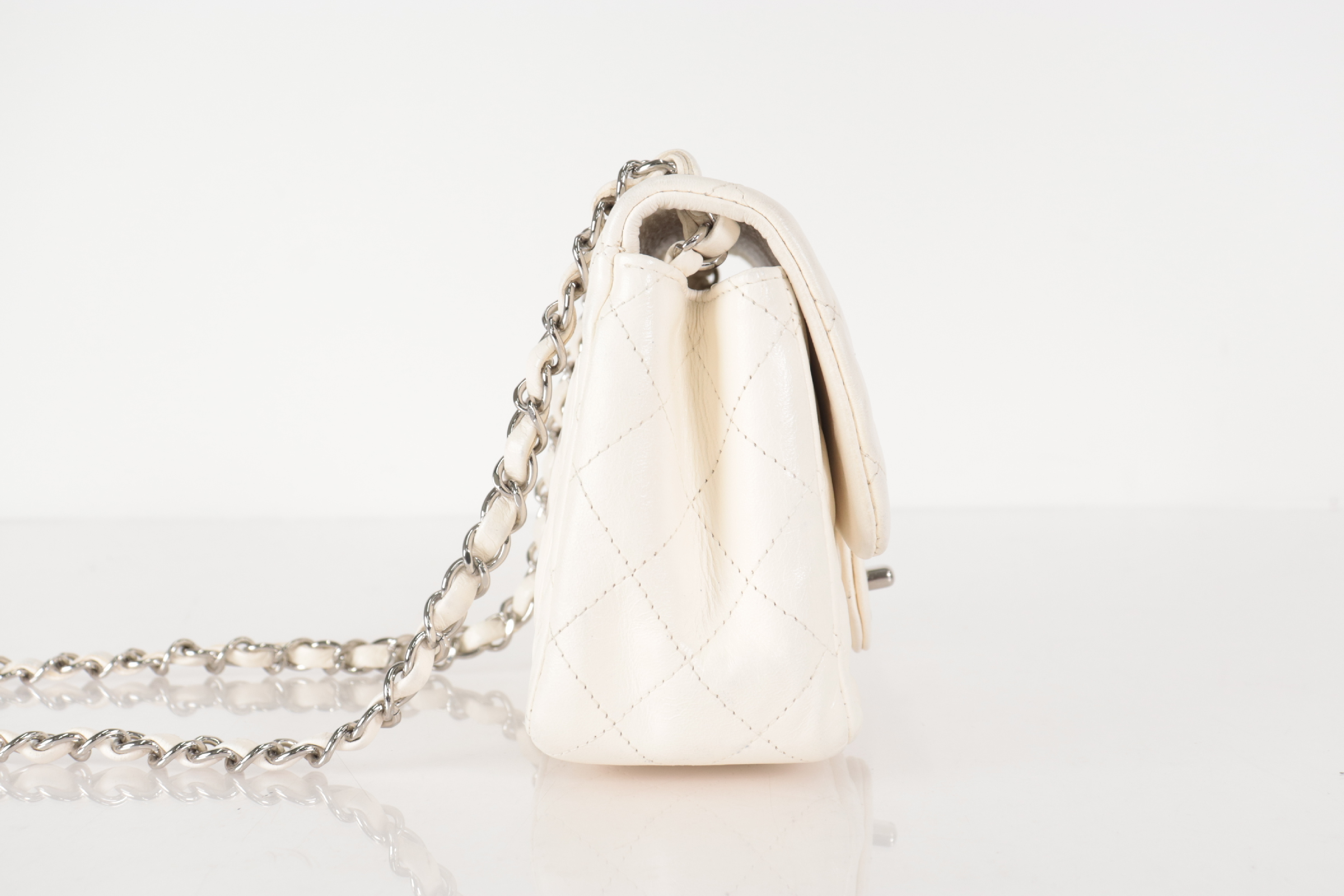 Mini Matelassé Lambskin Chain Shoulder Bag, White, Silver Hardware, Serial Number 26 Series — view 3