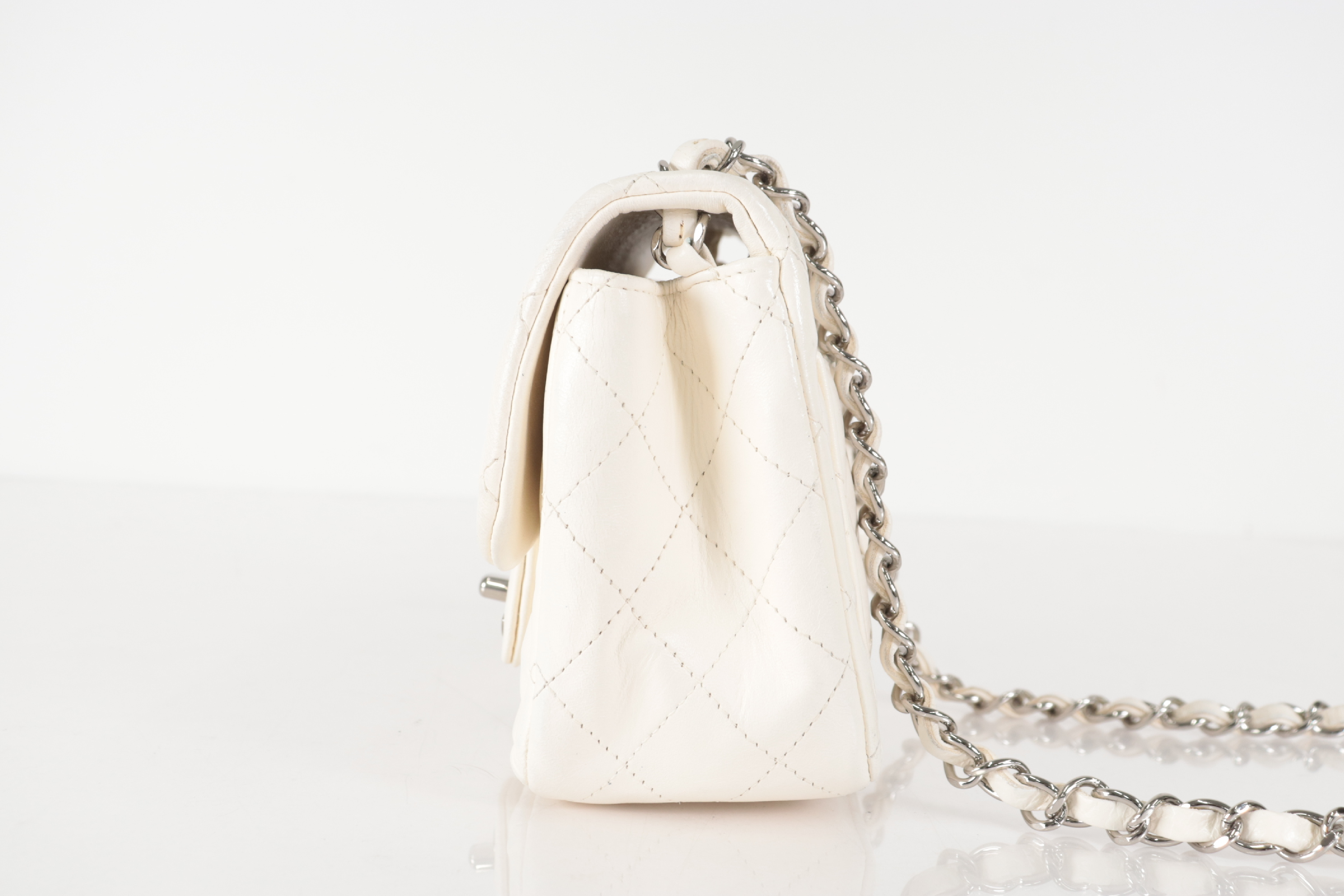 Mini Matelassé Lambskin Chain Shoulder Bag, White, Silver Hardware, Serial Number 26 Series — view 4