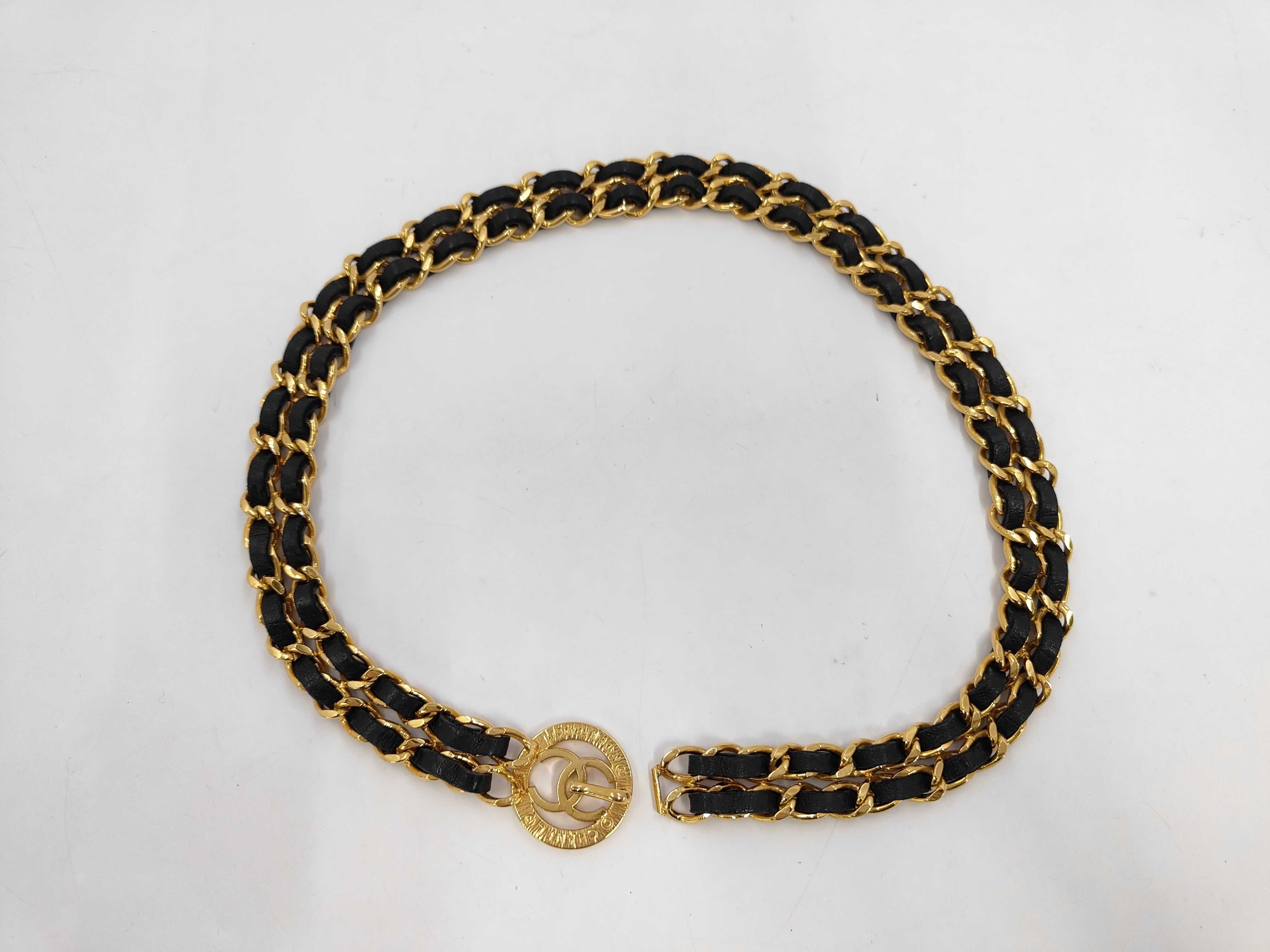 Coco Mark Gold Black Leather Double Chain Belt — view 5