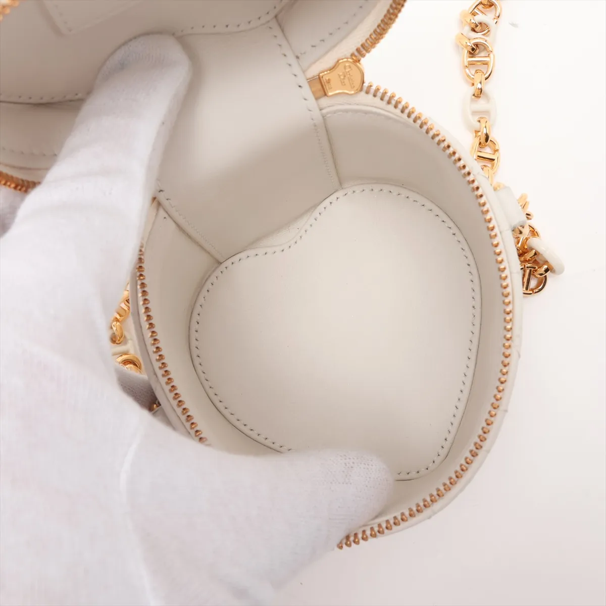 Heart Cannage Leather Chain Shoulder Bag, White — view 6