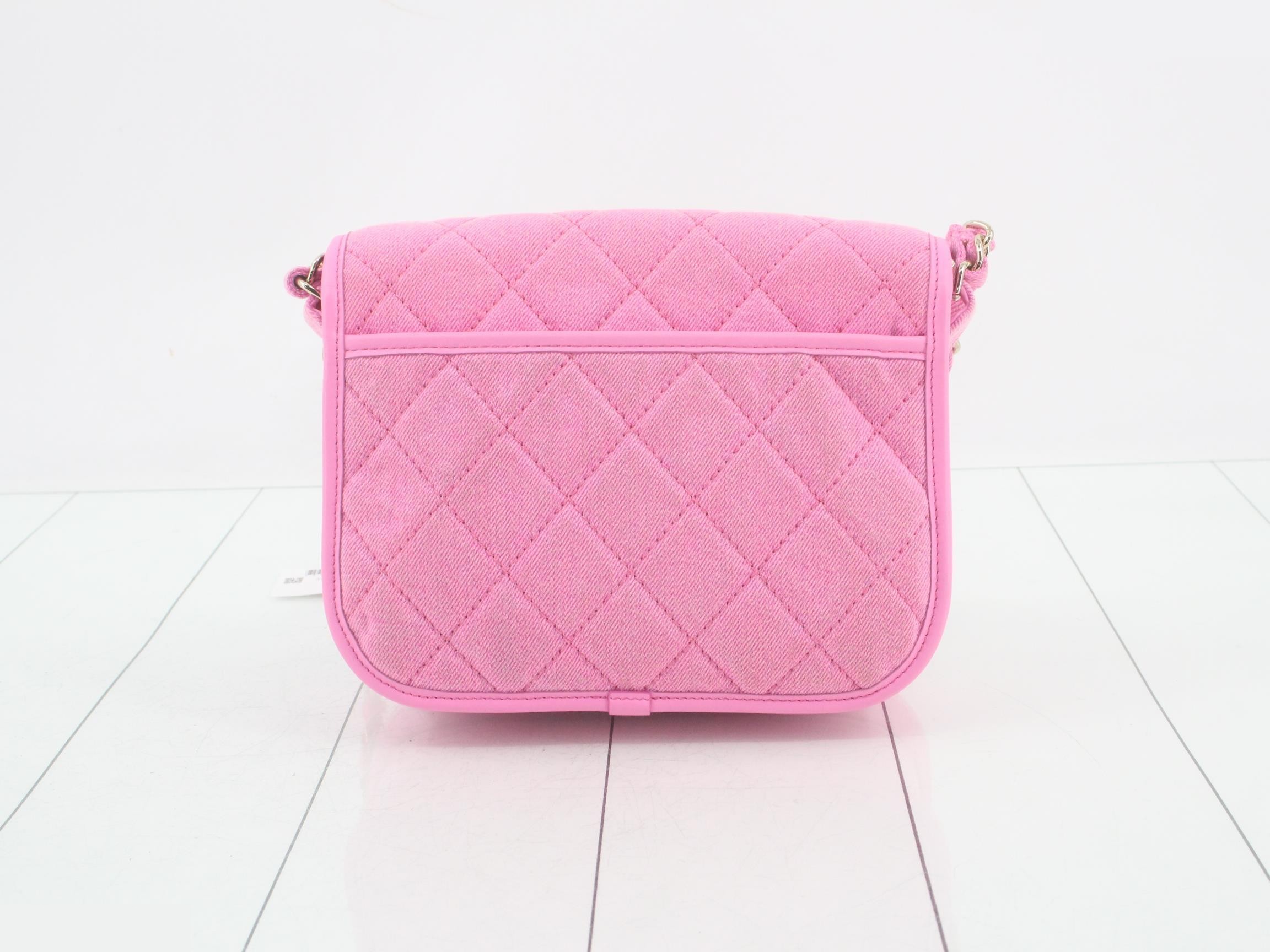 denim chain shoulder bag with silver hardware, pink. — view 2