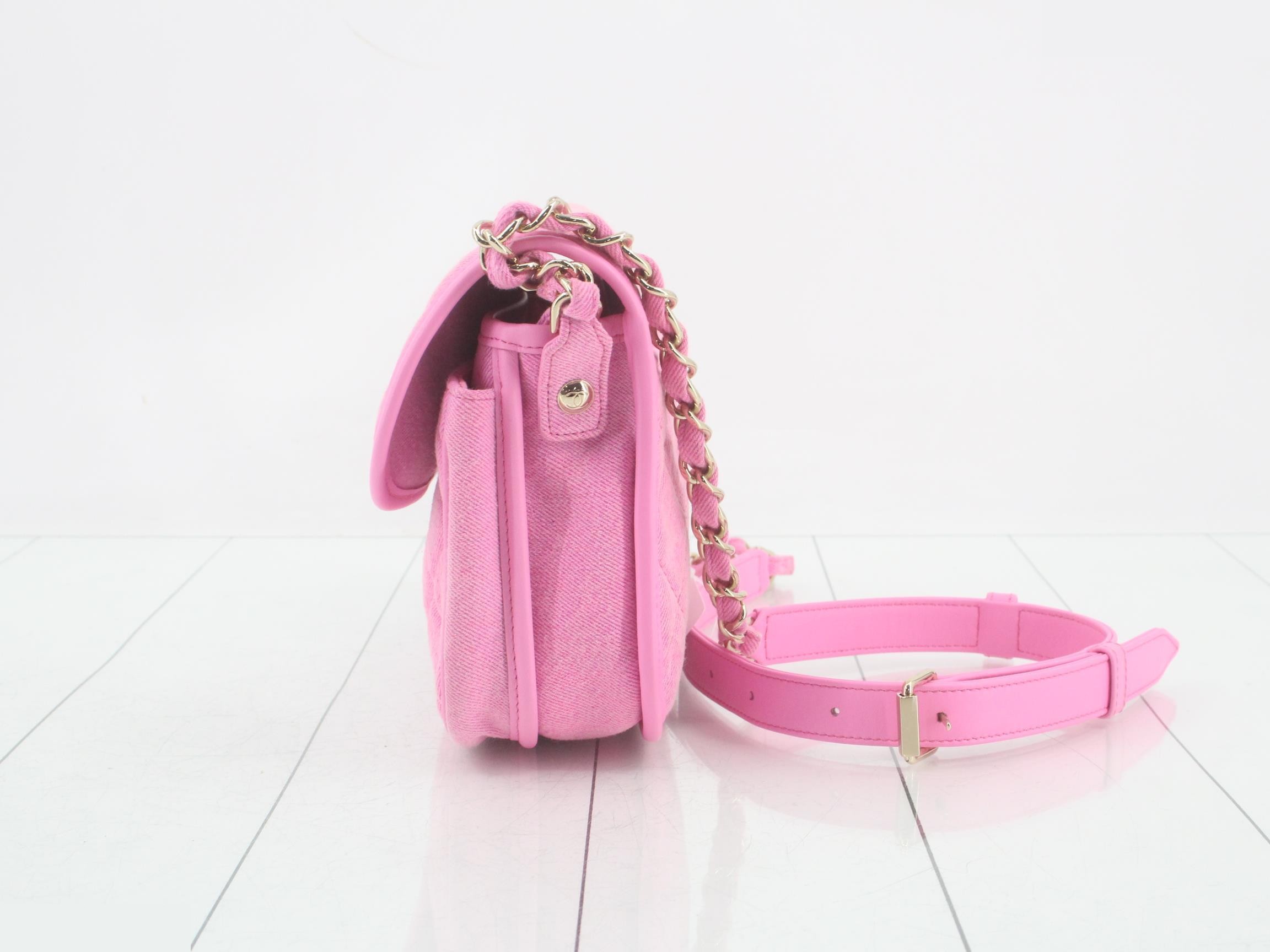 denim chain shoulder bag with silver hardware, pink. — view 3