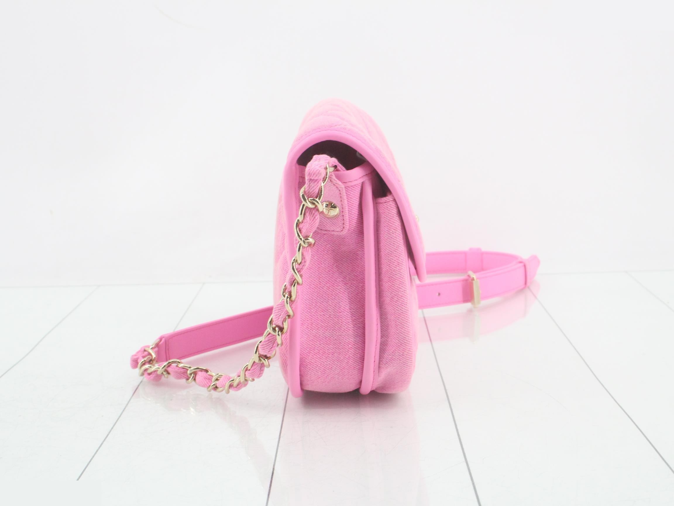 denim chain shoulder bag with silver hardware, pink. — view 4
