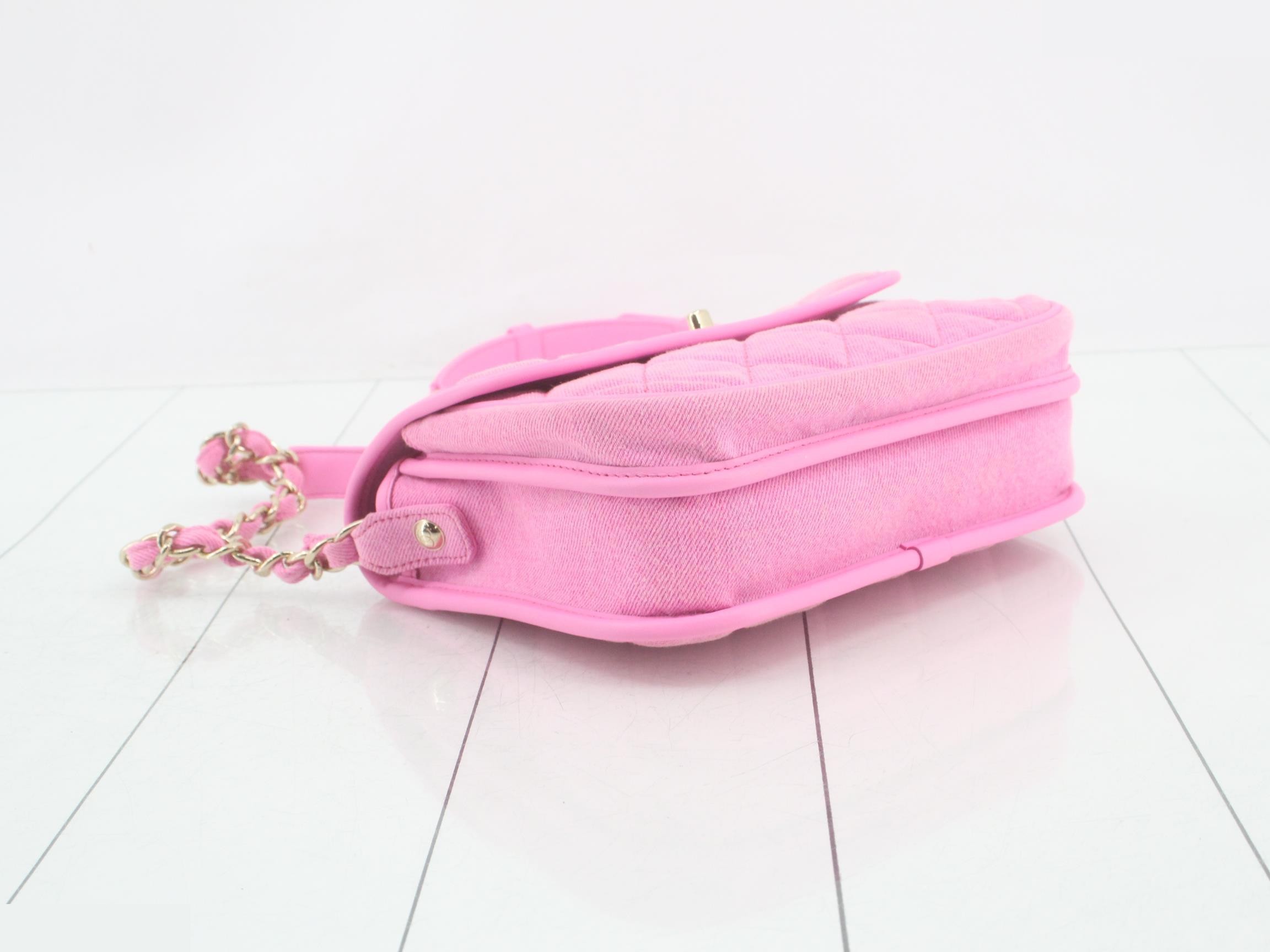 denim chain shoulder bag with silver hardware, pink. — view 5