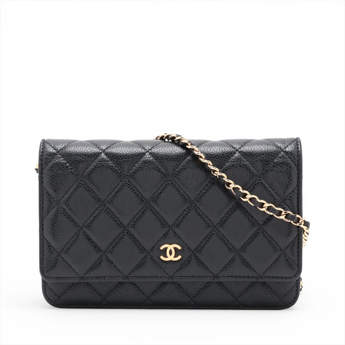 Matelassé Caviar Skin Chain Wallet, Black with Gold Hardware and Random Plate Design (AP0250)