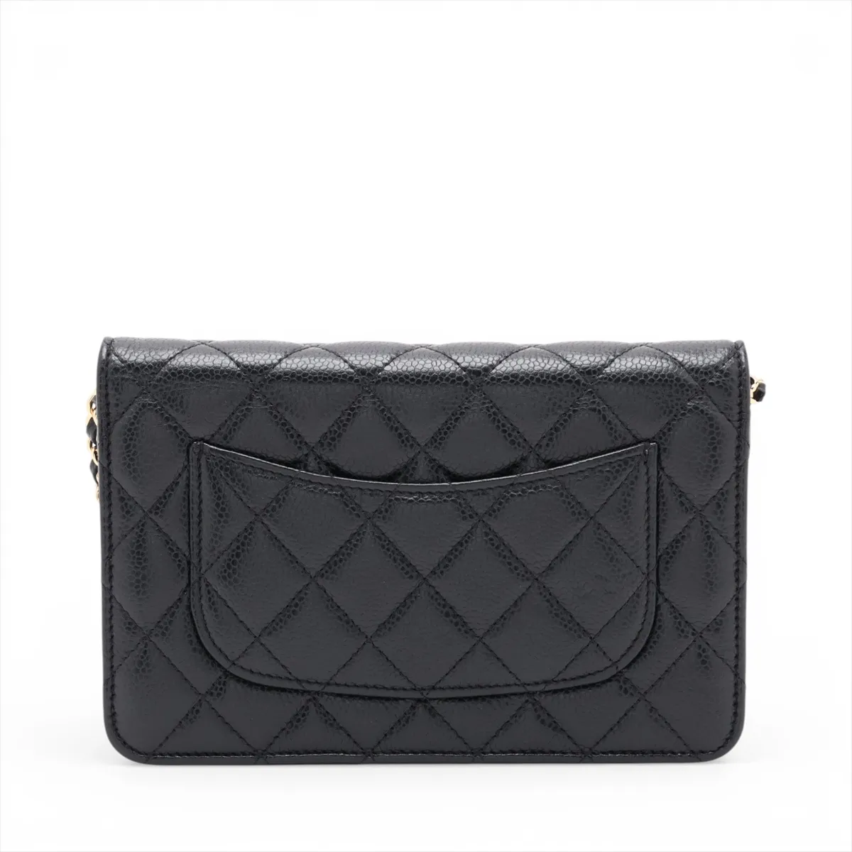 Matelassé Caviar Skin Chain Wallet, Black with Gold Hardware and Random Plate Design (AP0250) — view 2