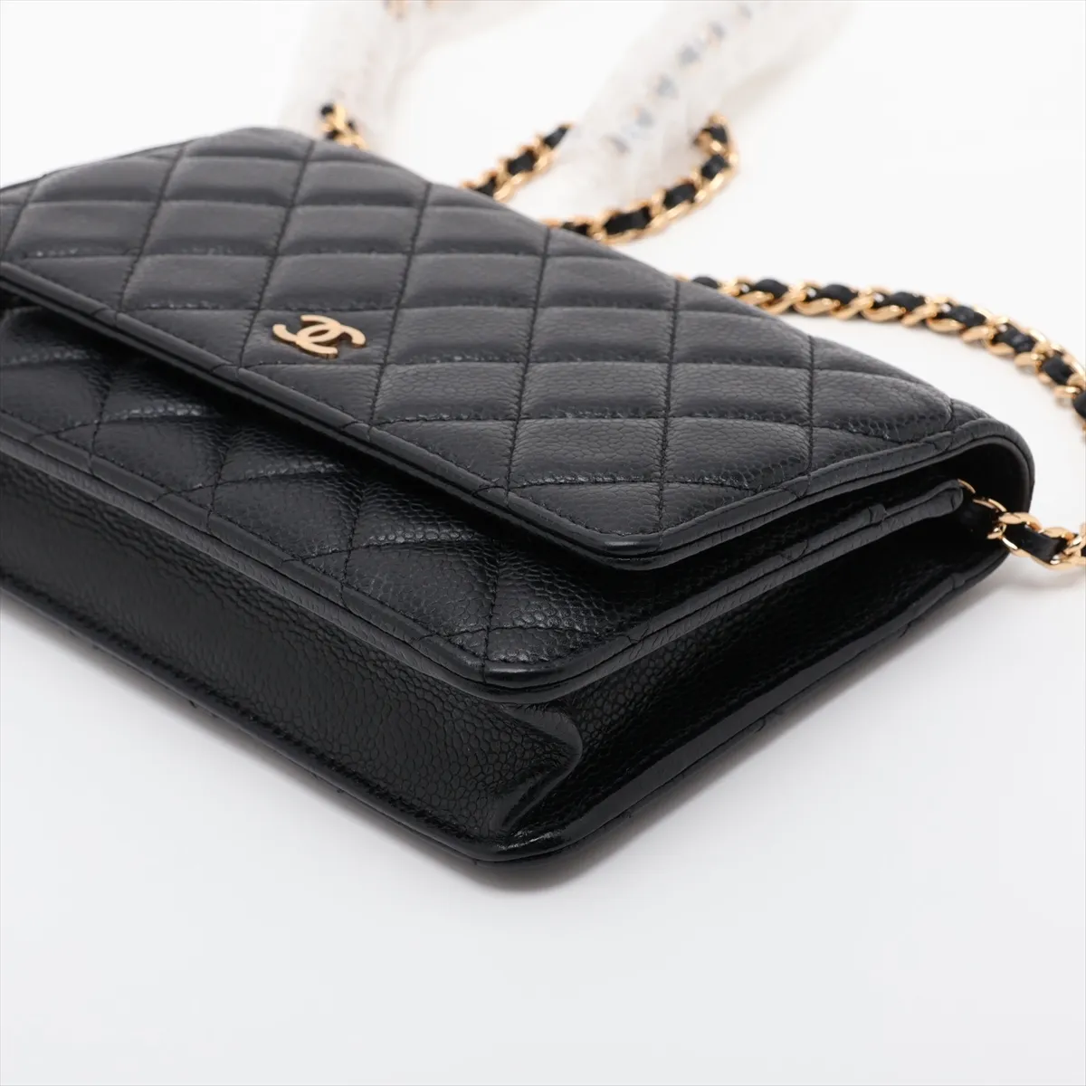 Matelassé Caviar Skin Chain Wallet, Black with Gold Hardware and Random Plate Design (AP0250) — view 3