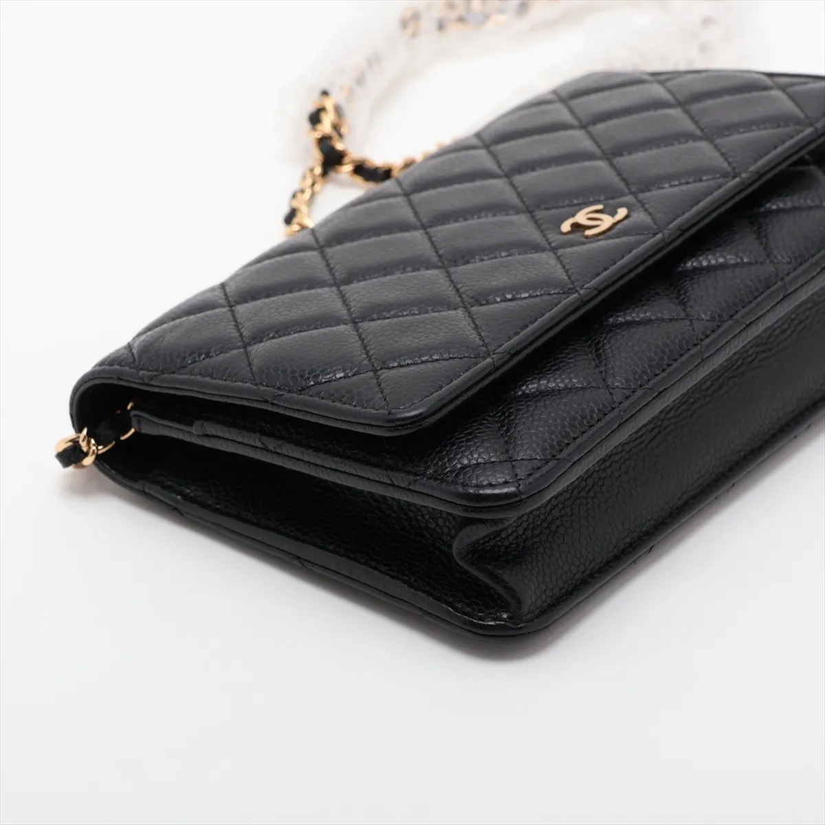 Matelassé Caviar Skin Chain Wallet, Black with Gold Hardware and Random Plate Design (AP0250) — view 4