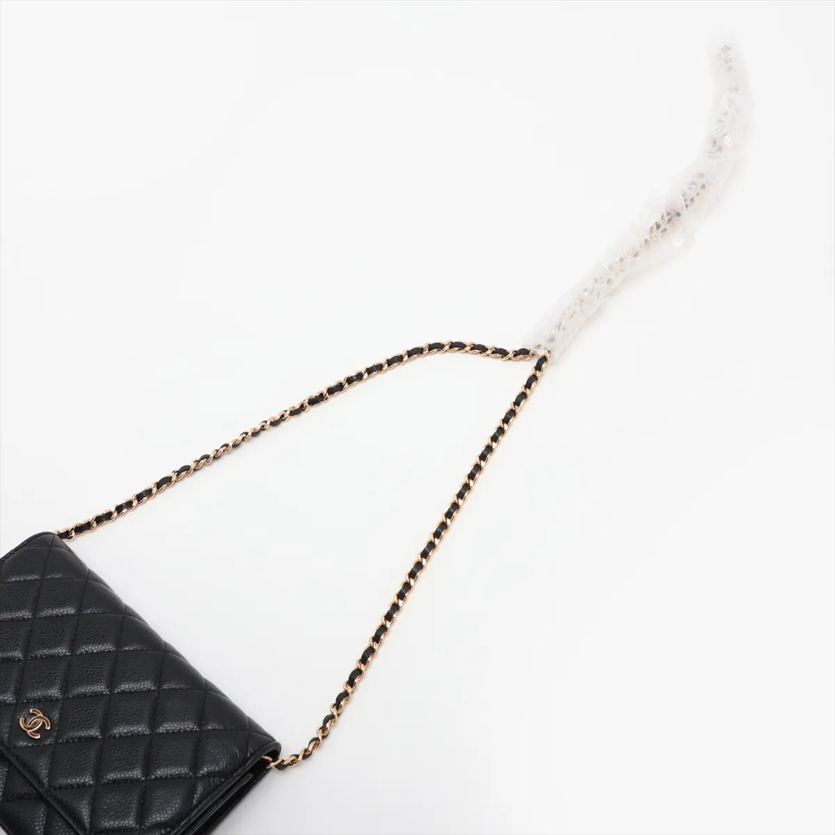 Matelassé Caviar Skin Chain Wallet, Black with Gold Hardware and Random Plate Design (AP0250) — view 5