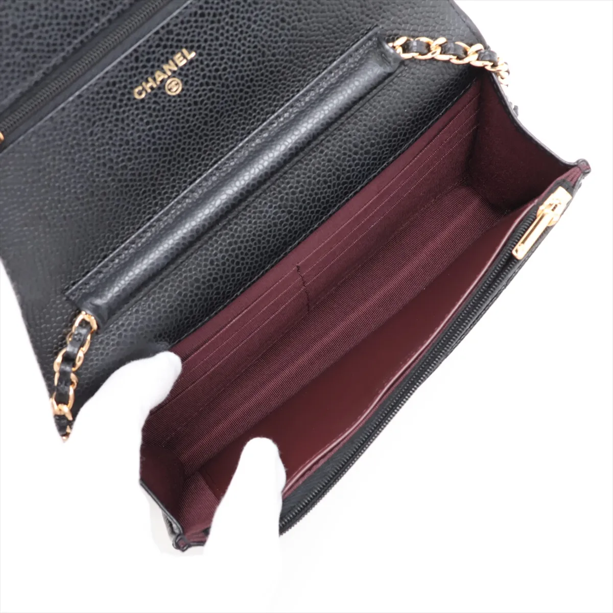 Matelassé Caviar Skin Chain Wallet, Black with Gold Hardware and Random Plate Design (AP0250) — view 6