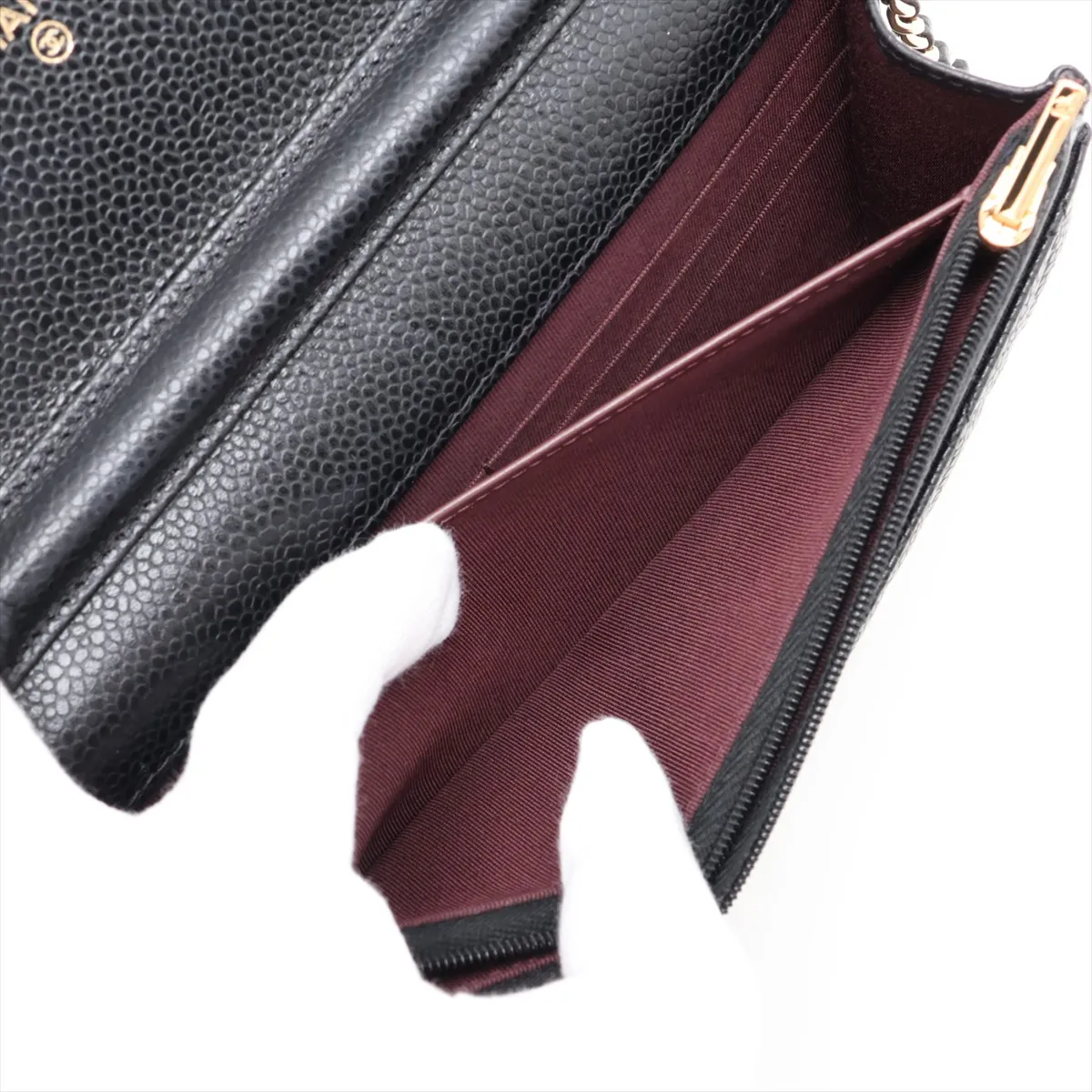 Matelassé Caviar Skin Chain Wallet, Black with Gold Hardware and Random Plate Design (AP0250) — view 7