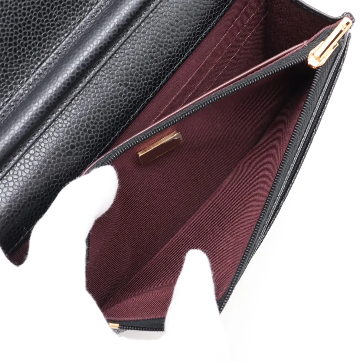 Matelassé Caviar Skin Chain Wallet, Black with Gold Hardware and Random Plate Design (AP0250) — view 8