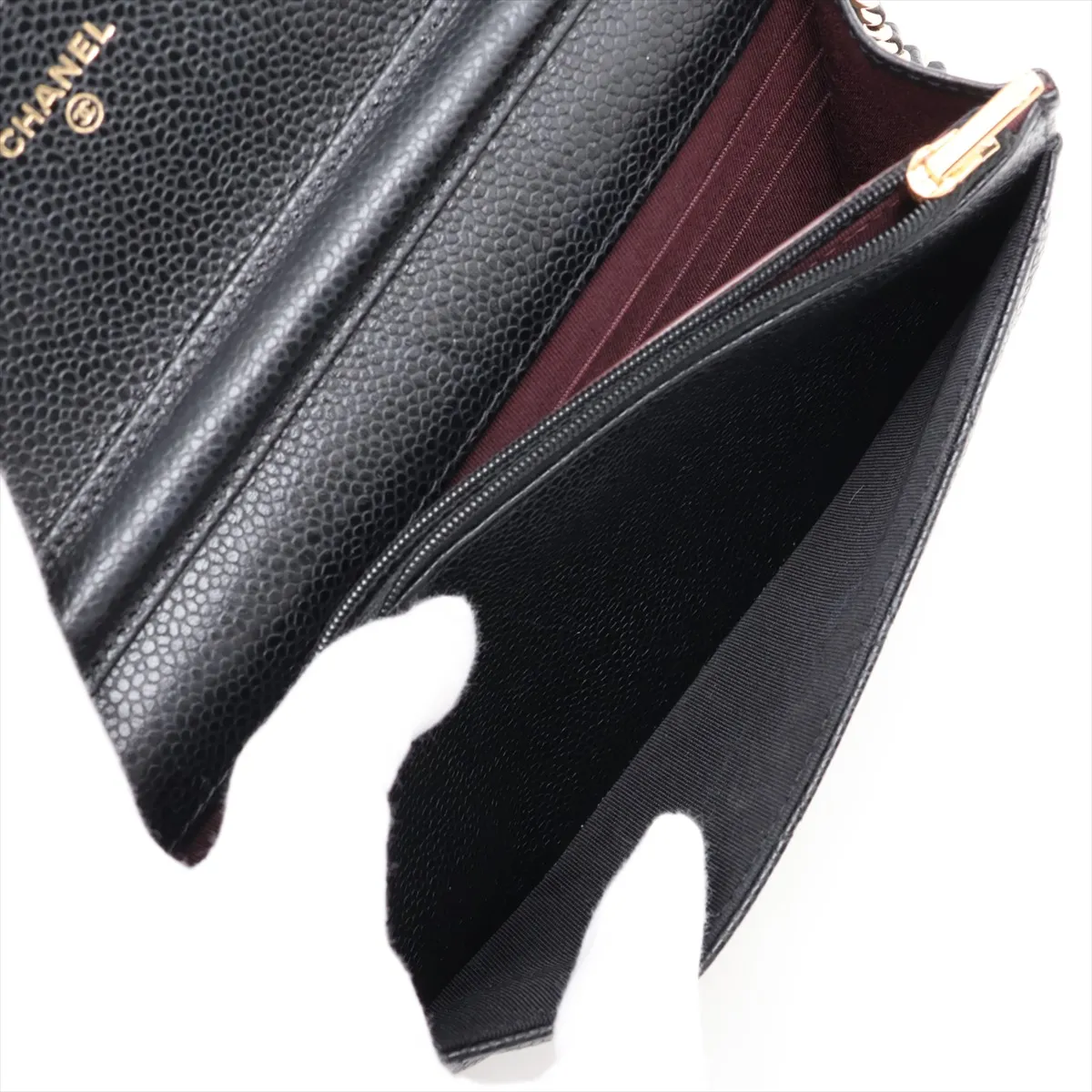 Matelassé Caviar Skin Chain Wallet, Black with Gold Hardware and Random Plate Design (AP0250) — view 9