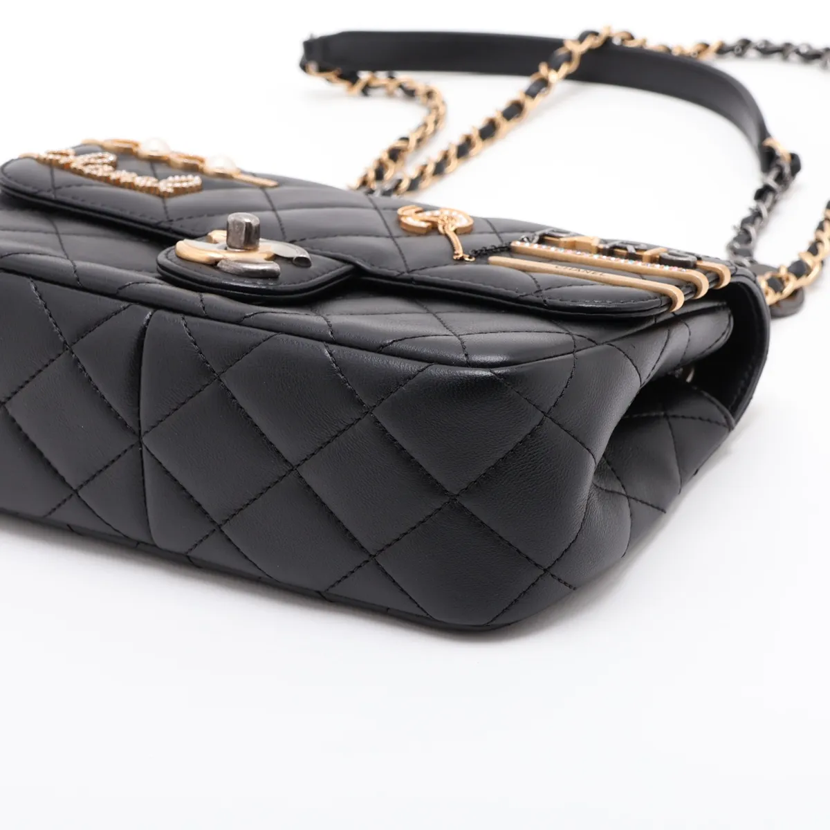 Large Matelassé Lambskin Single Flap Double Chain Bag with Clip Coco, Black, Gold x Silver Hardware, LU9AKEE9, Random Plate, AS2978 — view 3