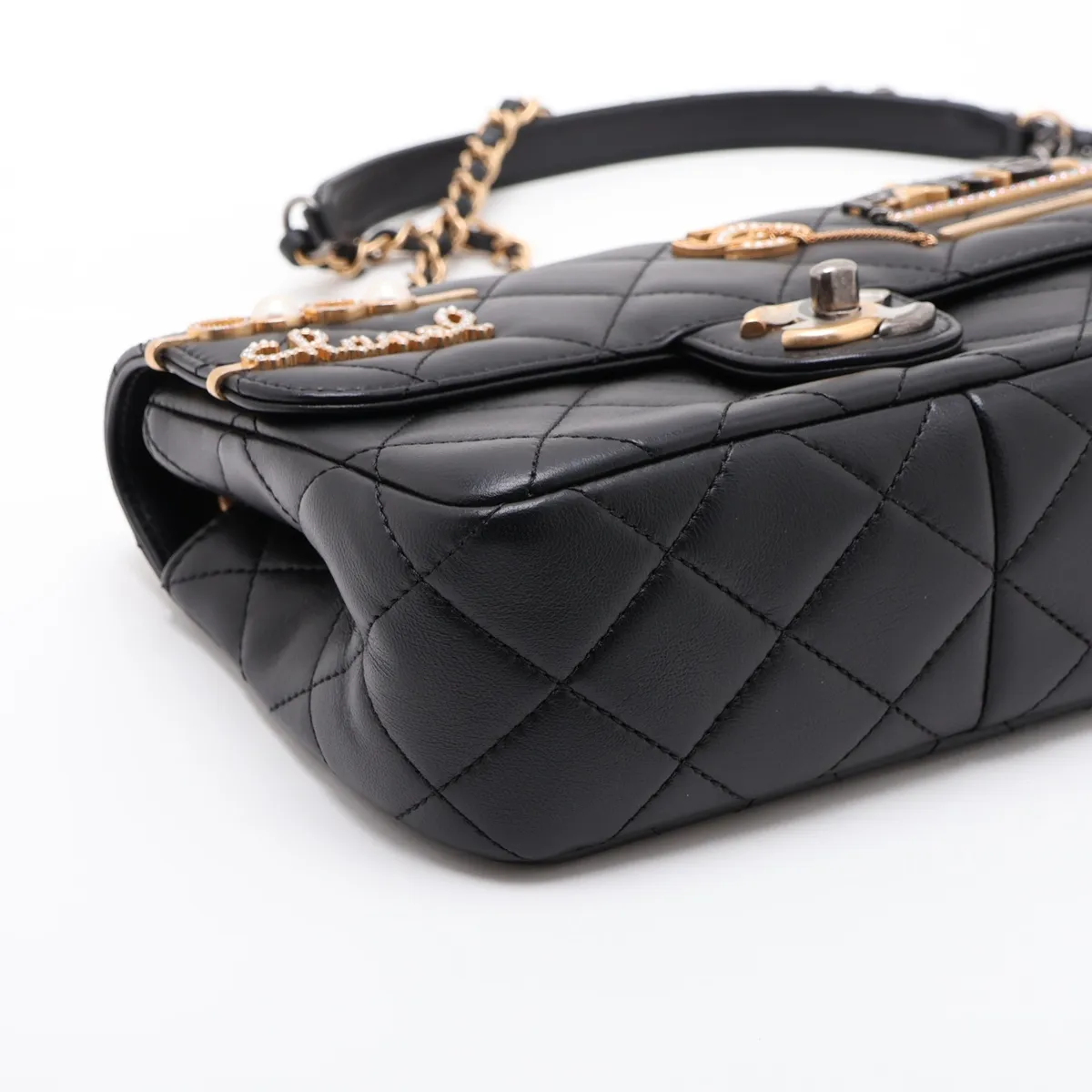 Large Matelassé Lambskin Single Flap Double Chain Bag with Clip Coco, Black, Gold x Silver Hardware, LU9AKEE9, Random Plate, AS2978 — view 4