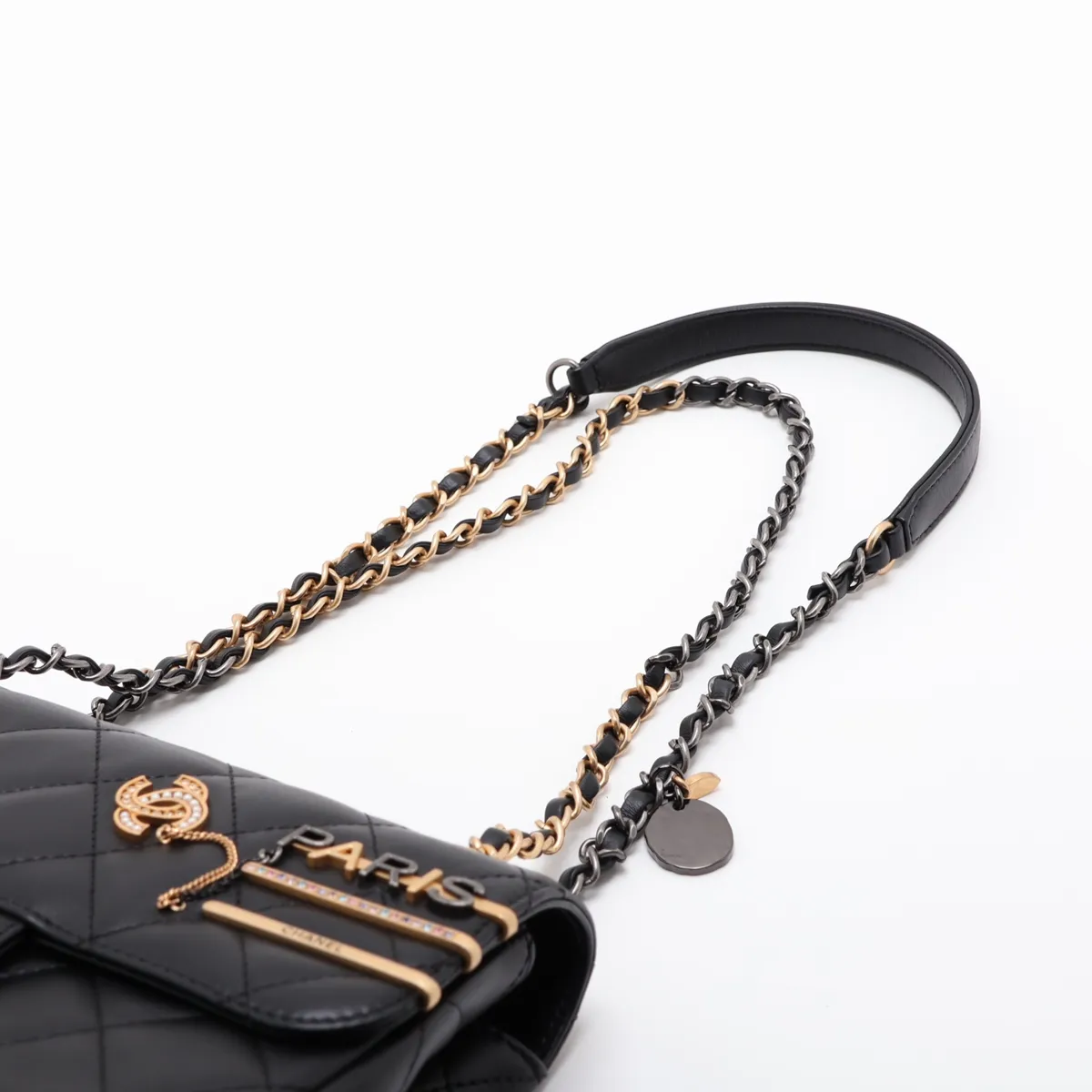 Large Matelassé Lambskin Single Flap Double Chain Bag with Clip Coco, Black, Gold x Silver Hardware, LU9AKEE9, Random Plate, AS2978 — view 5