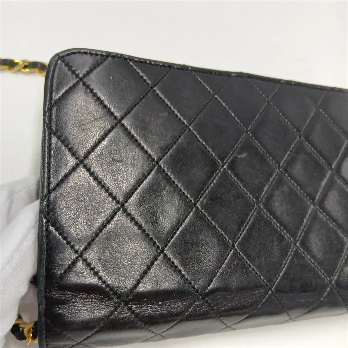 Matelassé Lambskin Chain Shoulder Bag, Push-Lock, Black with Gold Hardware — view 12