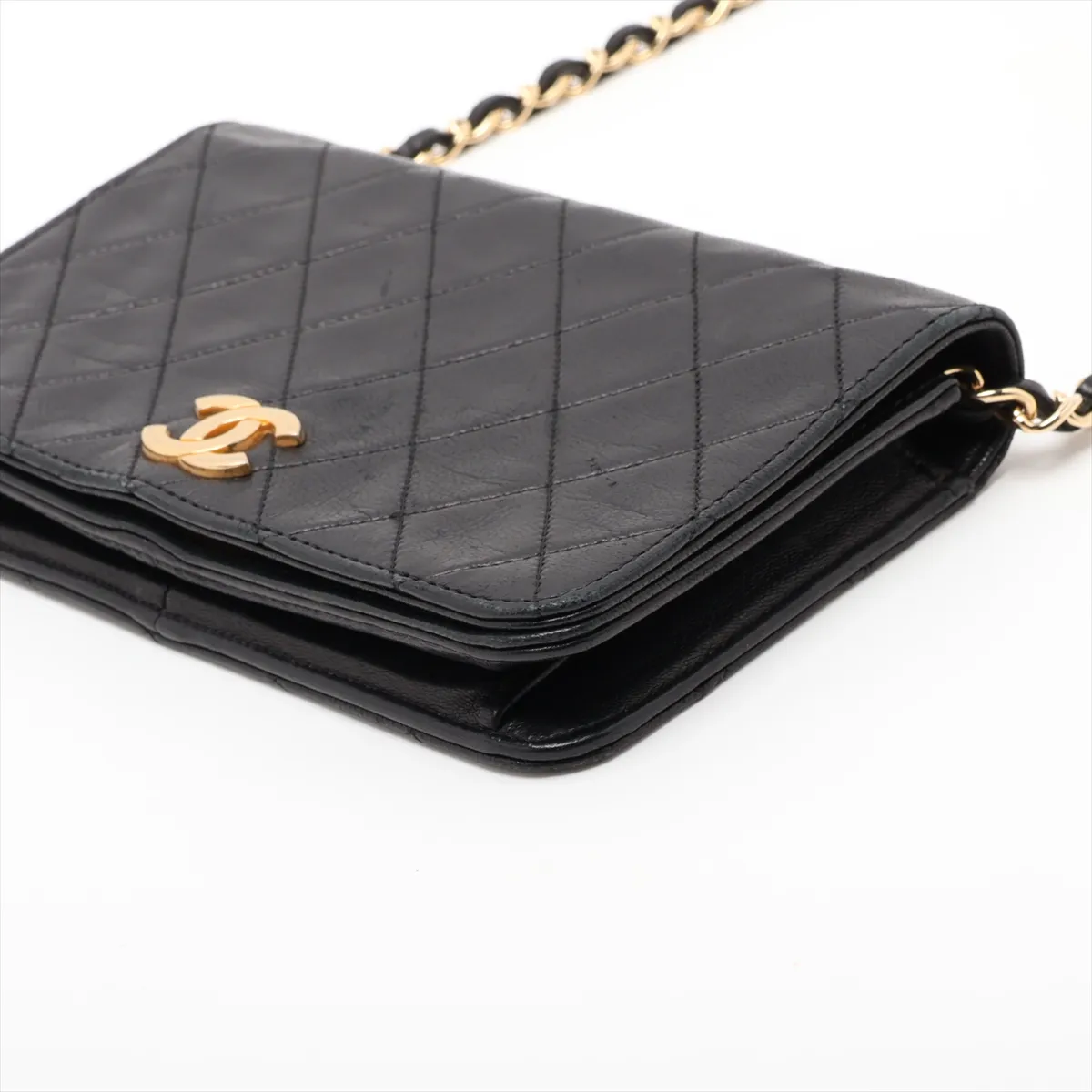 Matelassé Lambskin Chain Shoulder Bag, Push-Lock, Black with Gold Hardware — view 3