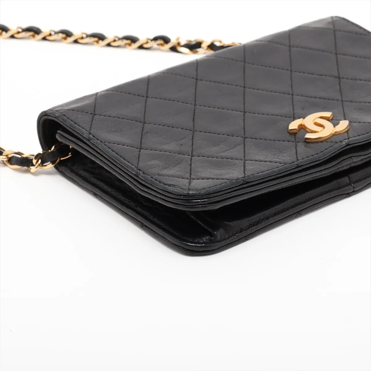 Matelassé Lambskin Chain Shoulder Bag, Push-Lock, Black with Gold Hardware — view 4