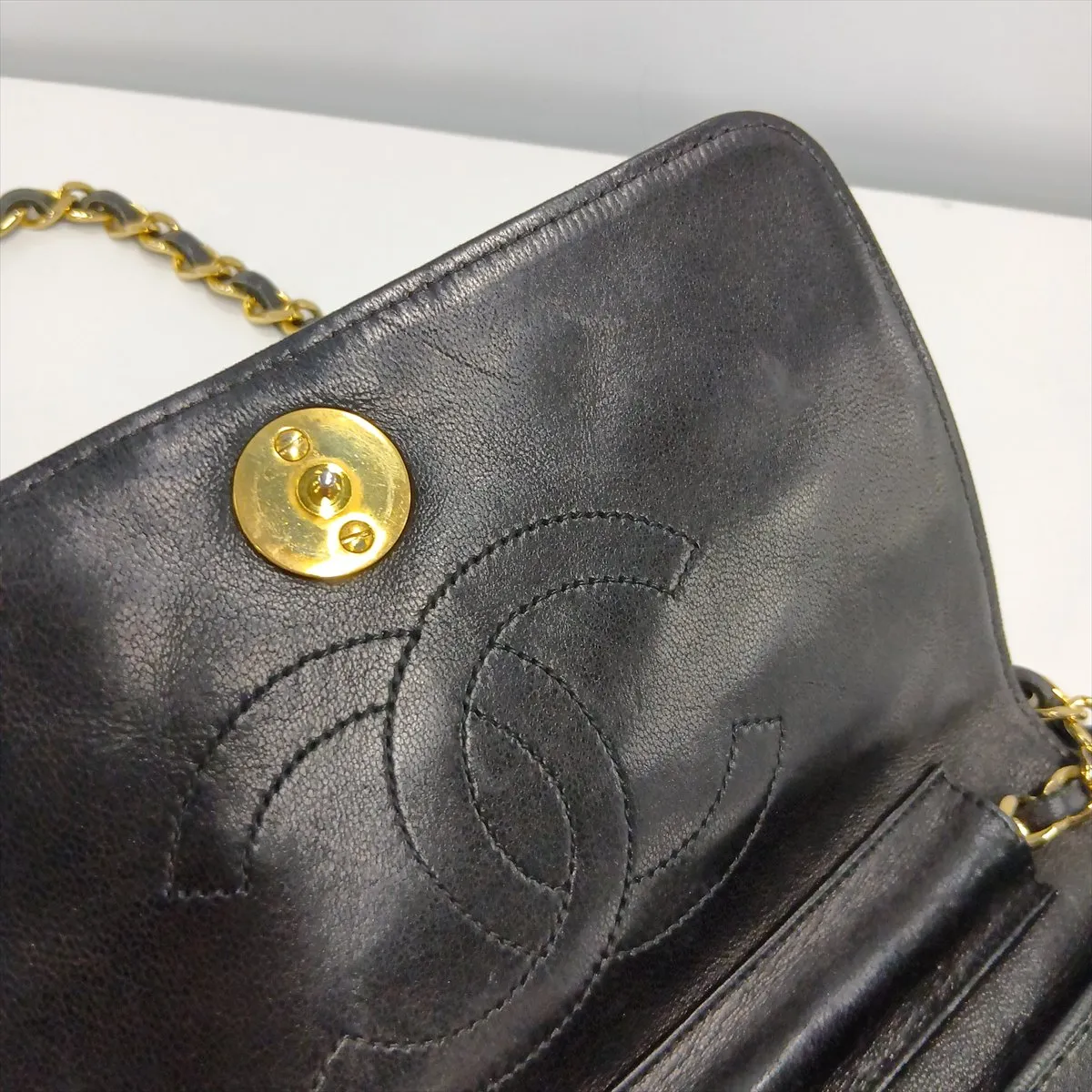 Matelassé Lambskin Chain Shoulder Bag, Push-Lock, Black with Gold Hardware — view 9
