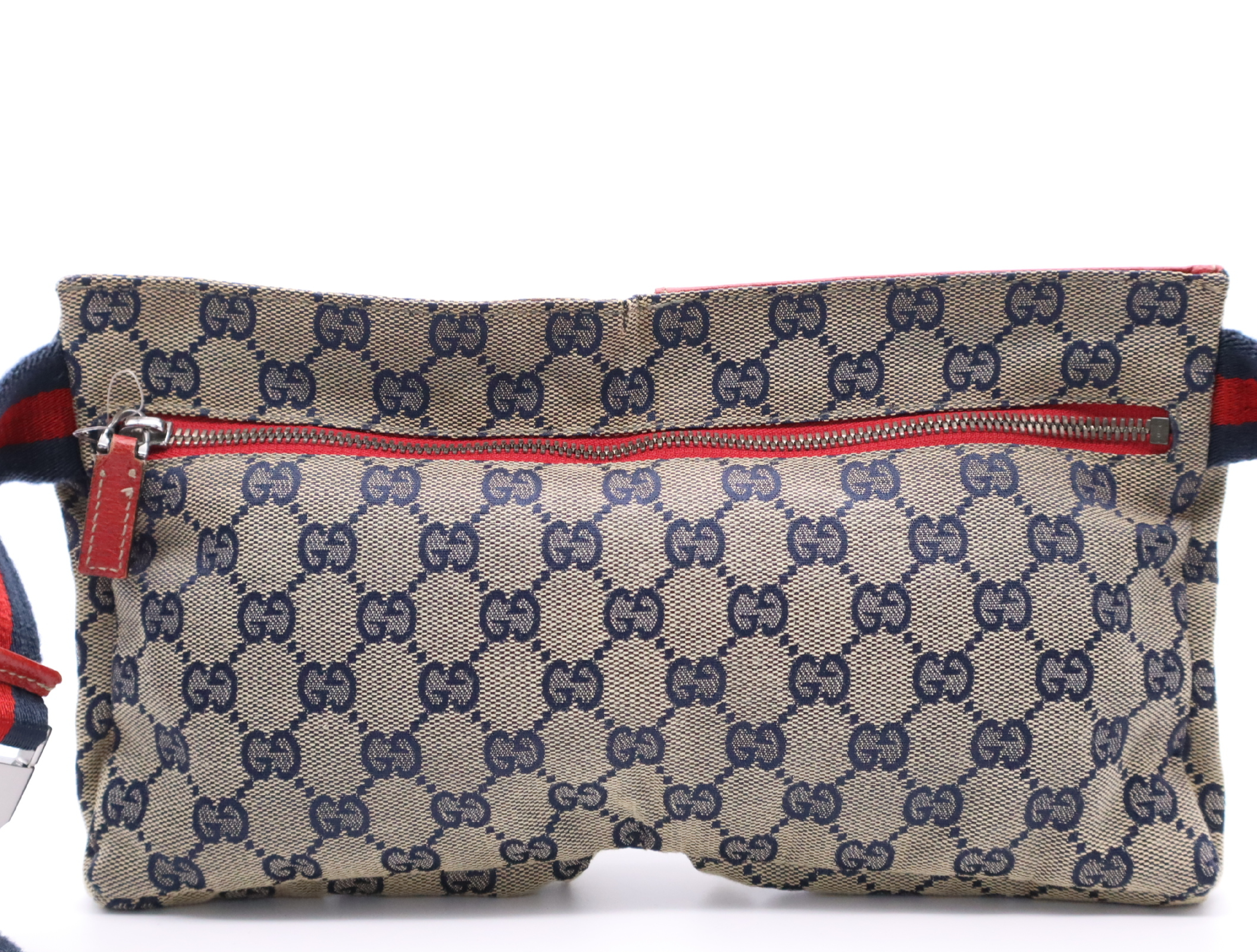 28566GG Canvas Waist Bag, Navy/Red, Silver Hardware, with Dust Bag. — view 2