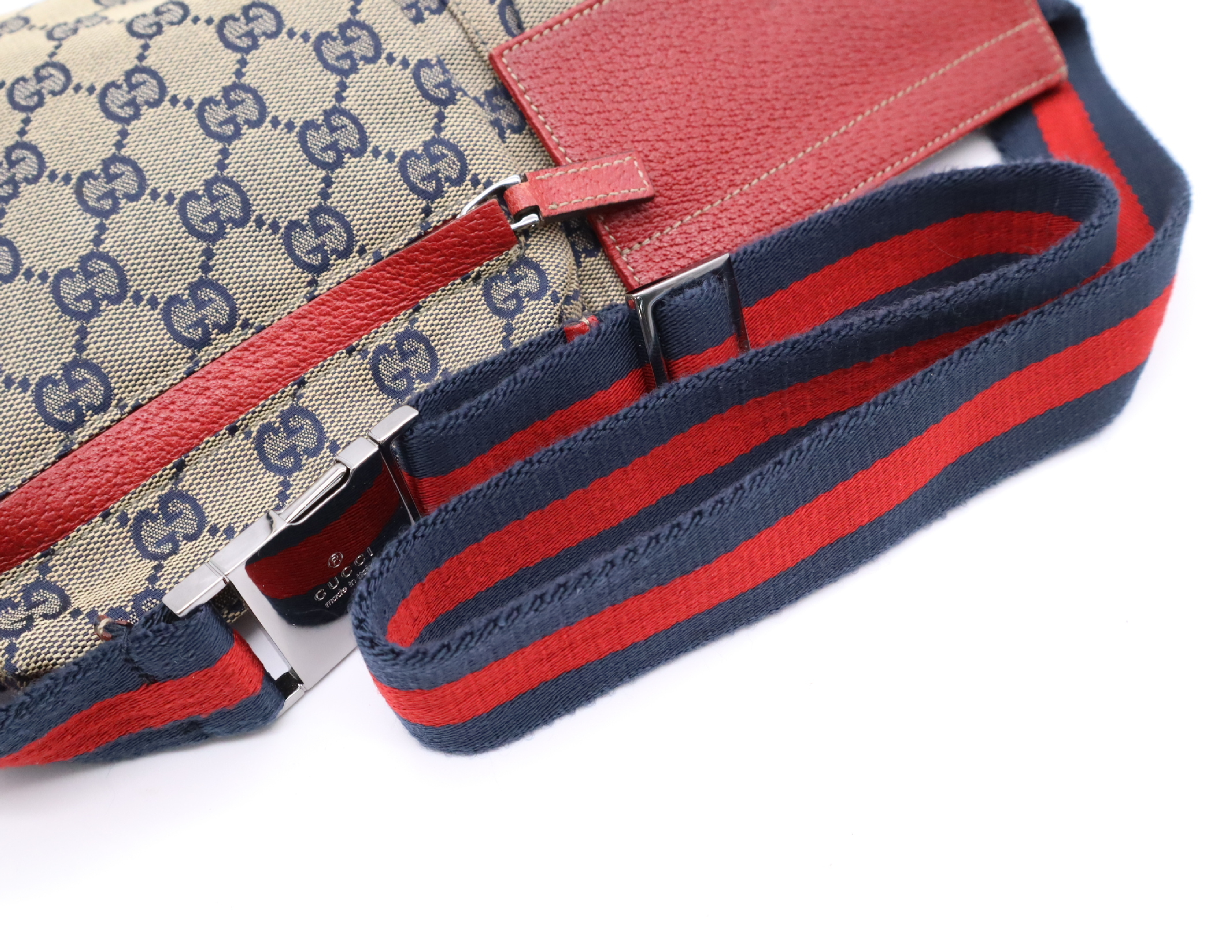 28566GG Canvas Waist Bag, Navy/Red, Silver Hardware, with Dust Bag. — view 10