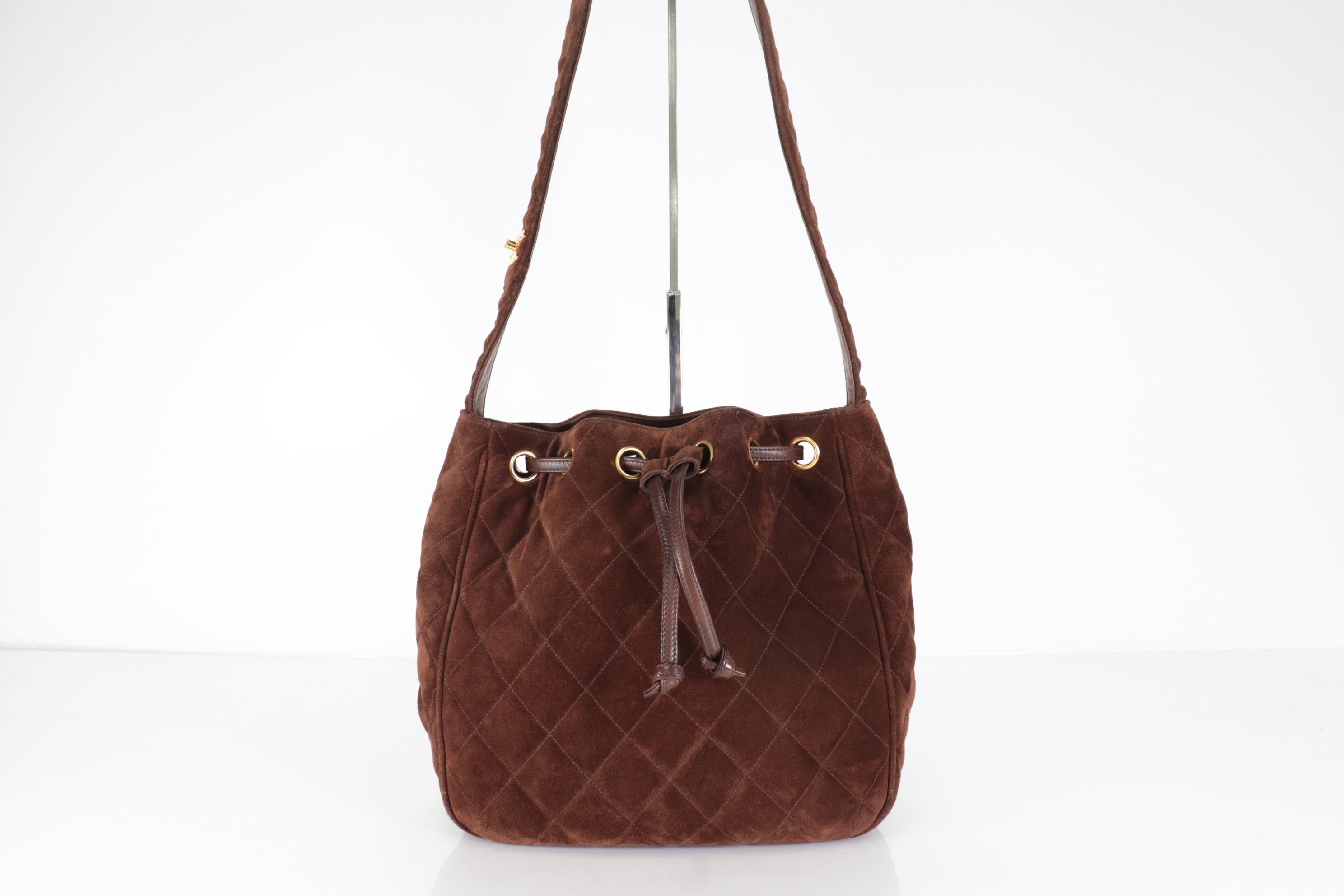 Matelassé Suede Drawstring Chain Shoulder Bag, Brown, Series 3