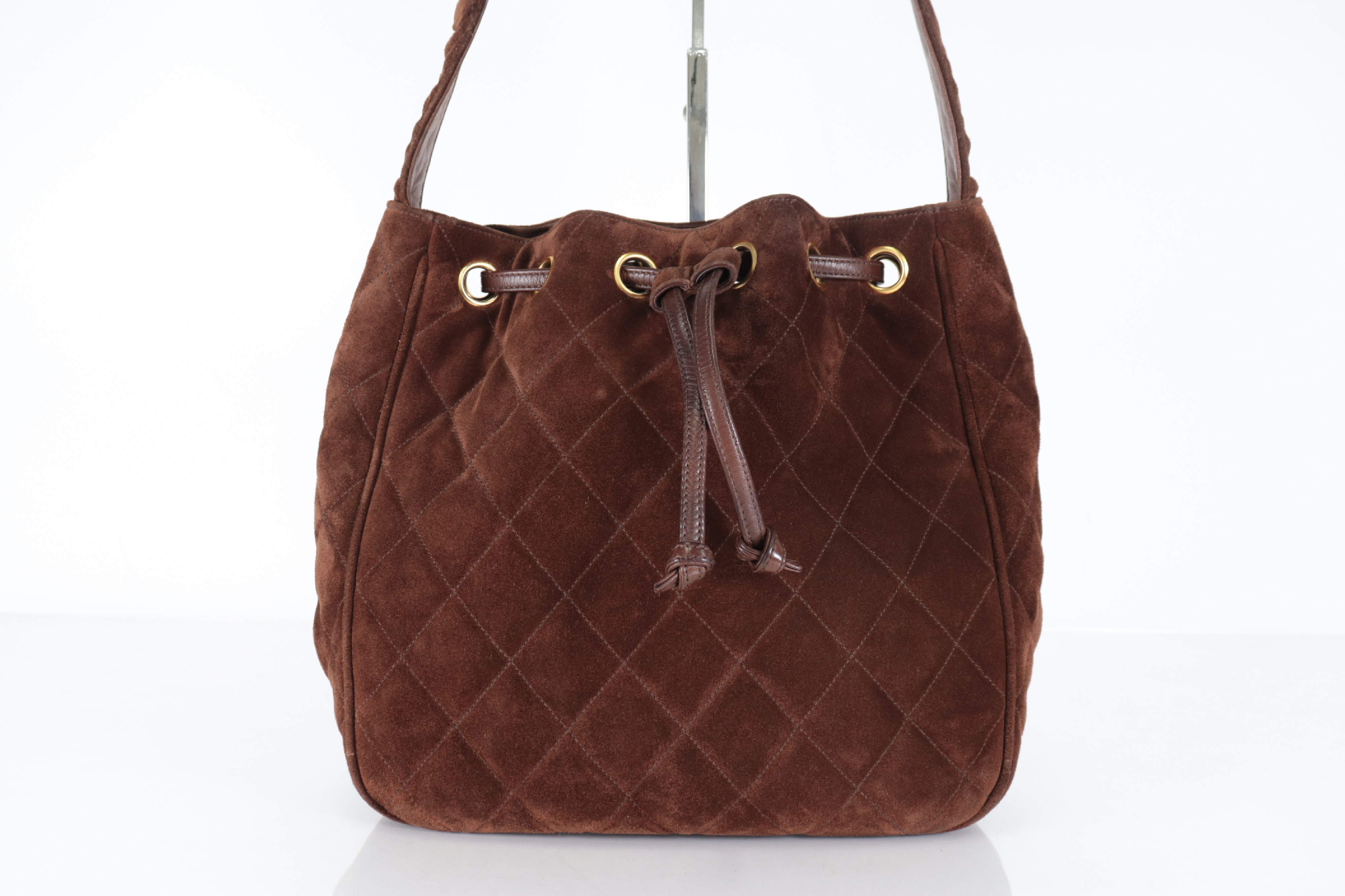 Matelassé Suede Drawstring Chain Shoulder Bag, Brown, Series 3 — view 2