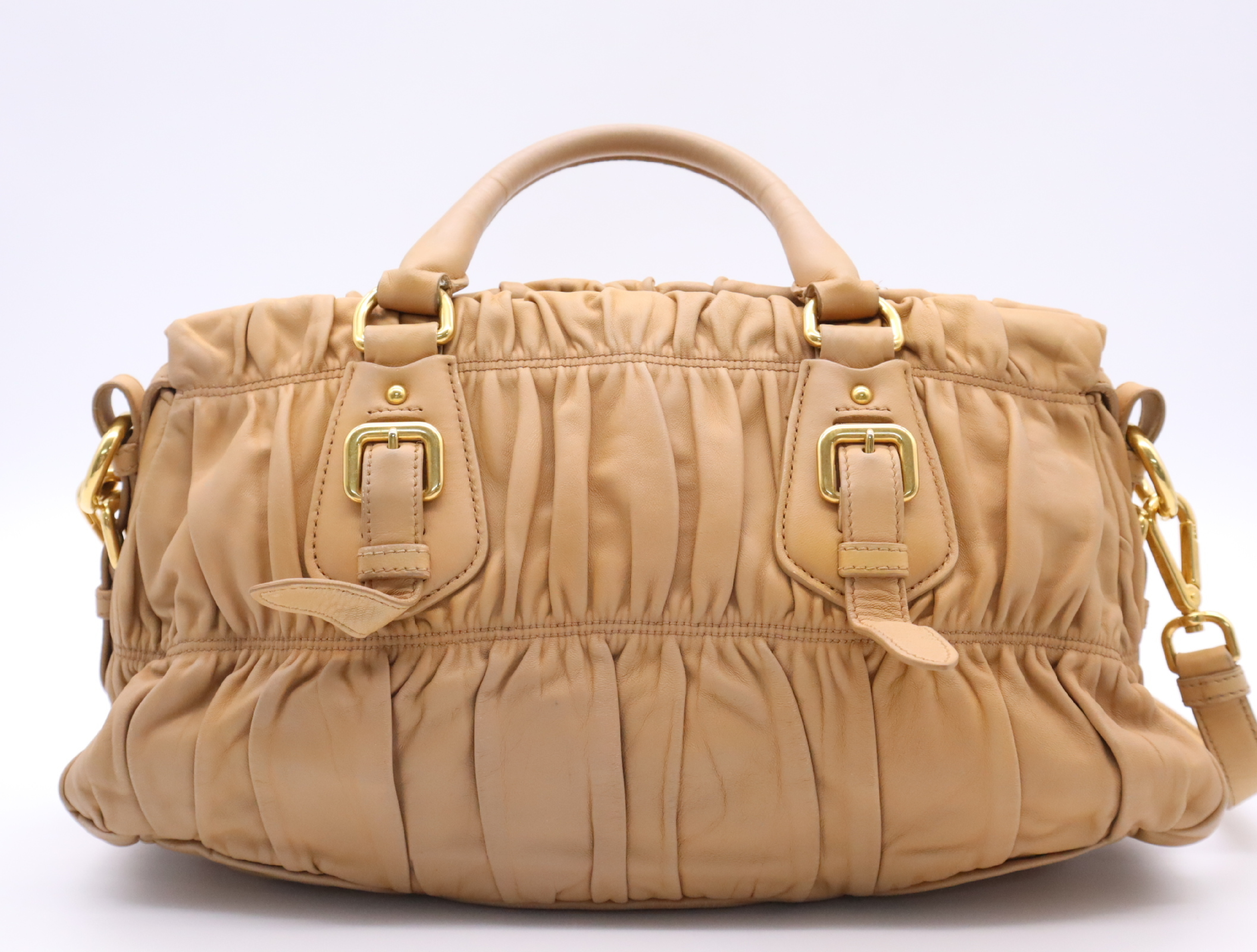Leather Handbag, Beige, Gold Hardware, with Shoulder Strap, Name Tag, and Card Holder. — view 2