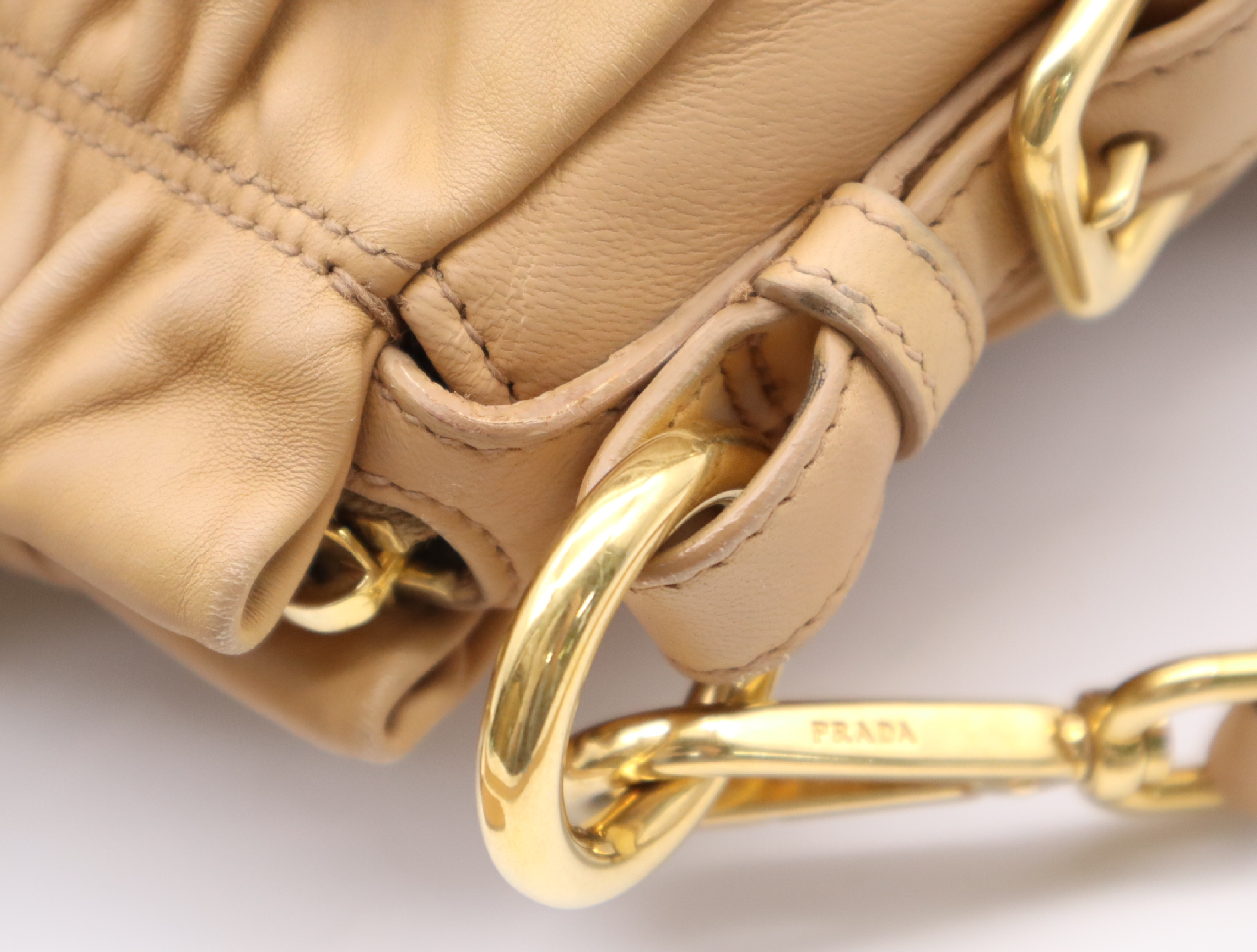 Leather Handbag, Beige, Gold Hardware, with Shoulder Strap, Name Tag, and Card Holder. — view 11