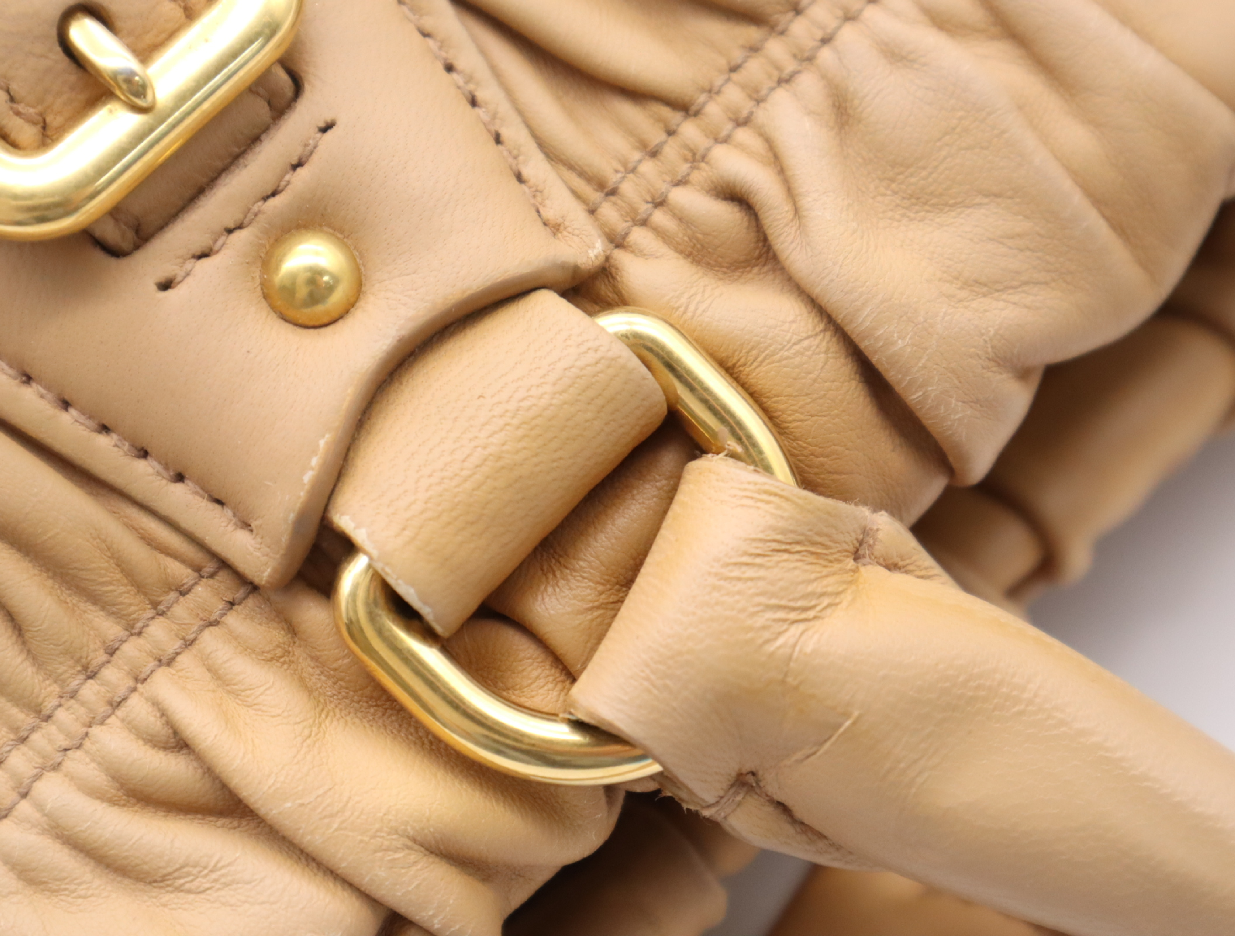 Leather Handbag, Beige, Gold Hardware, with Shoulder Strap, Name Tag, and Card Holder. — view 9