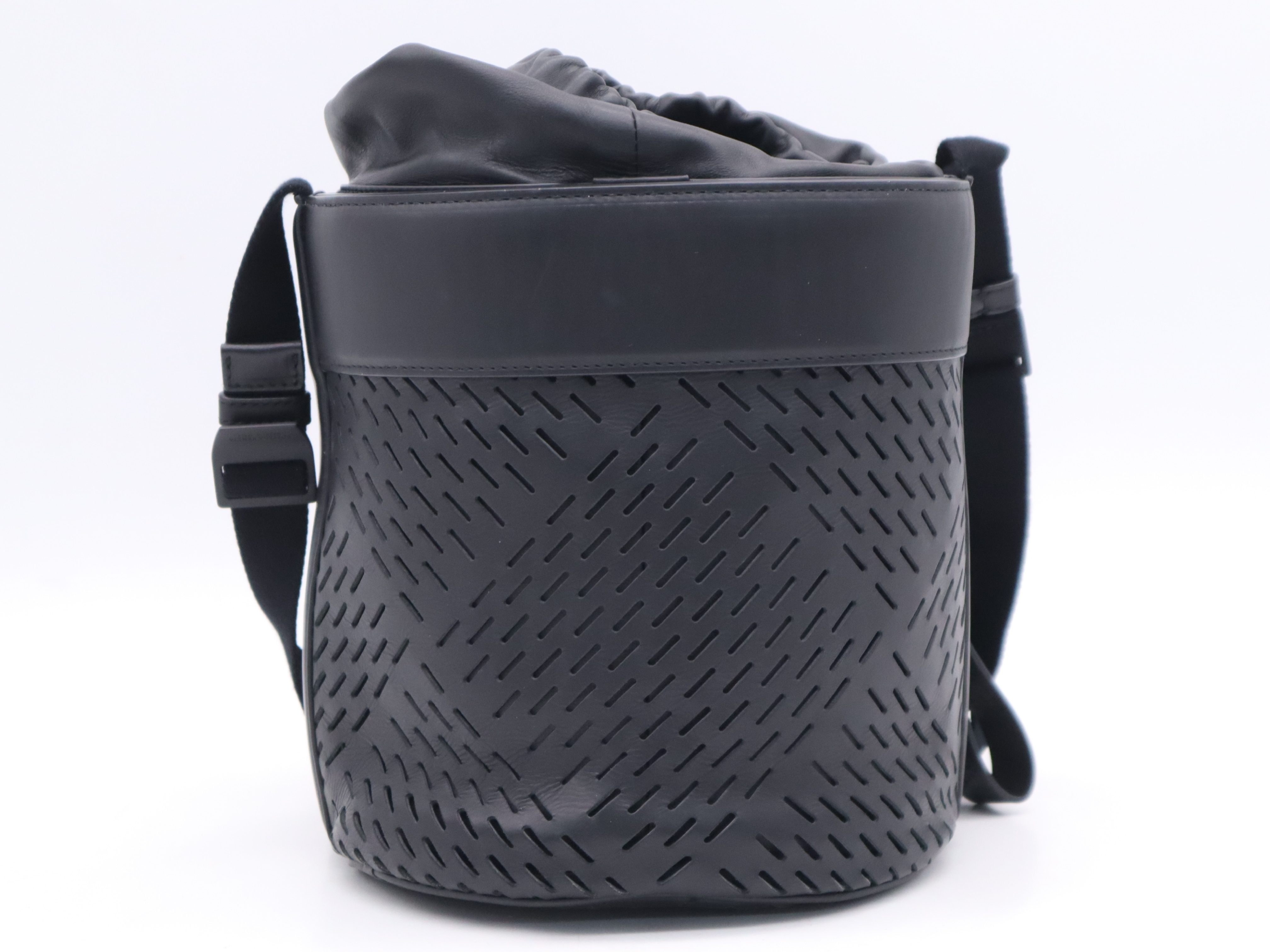 Calfskin Perforated Paper Drawstring Bucket Bag, Black Shoulder Bag — view 2