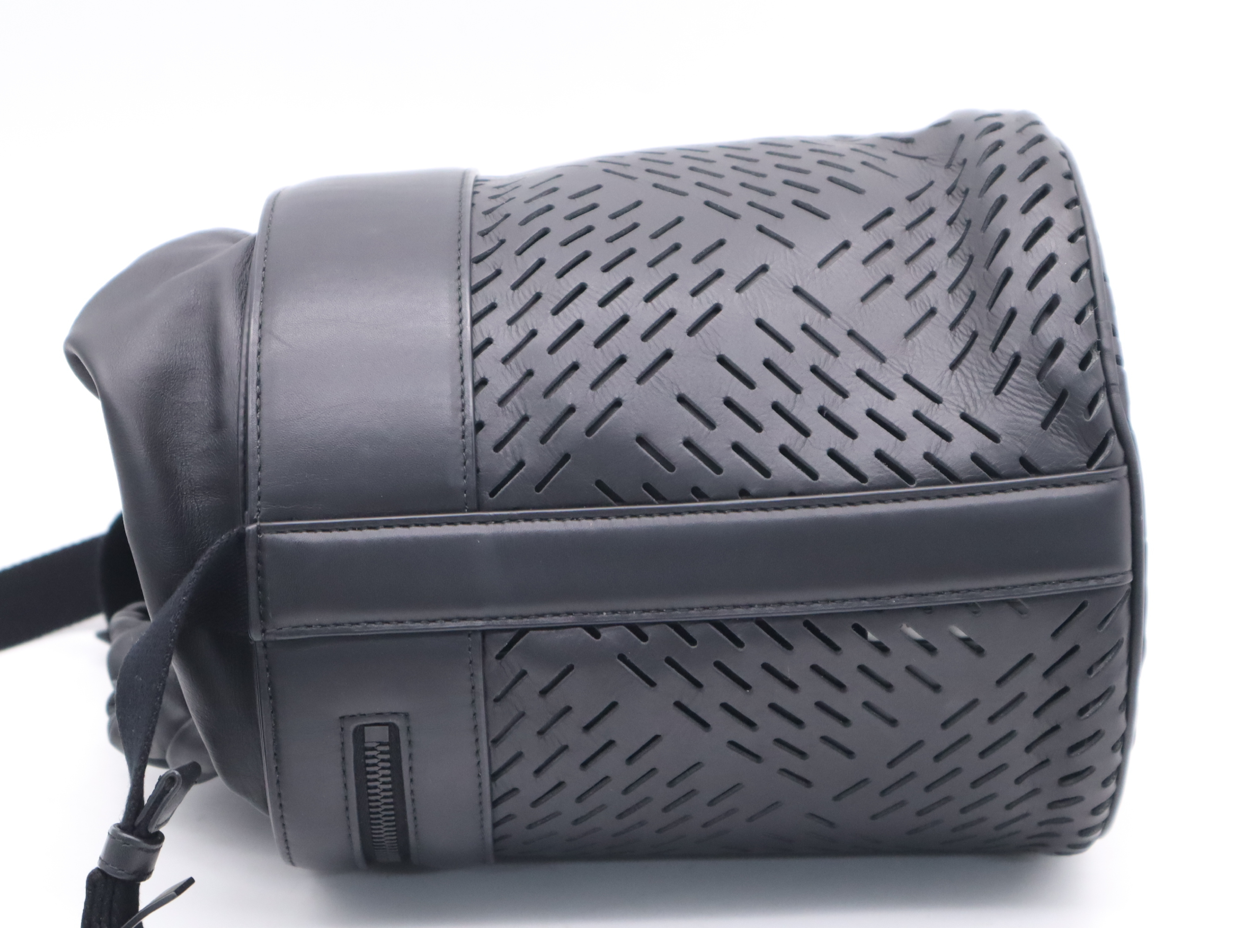 Calfskin Perforated Paper Drawstring Bucket Bag, Black Shoulder Bag — view 3