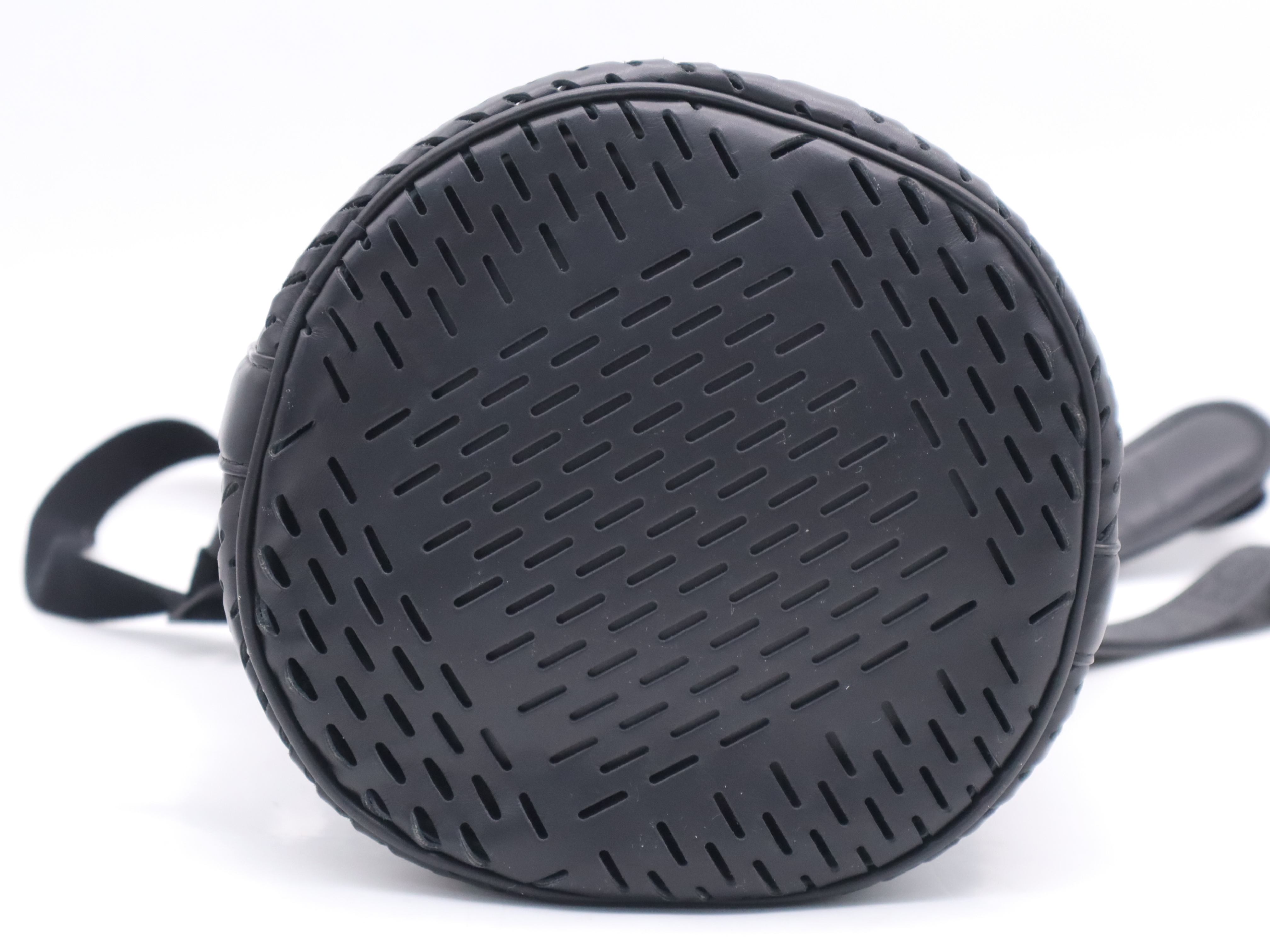 Calfskin Perforated Paper Drawstring Bucket Bag, Black Shoulder Bag — view 4