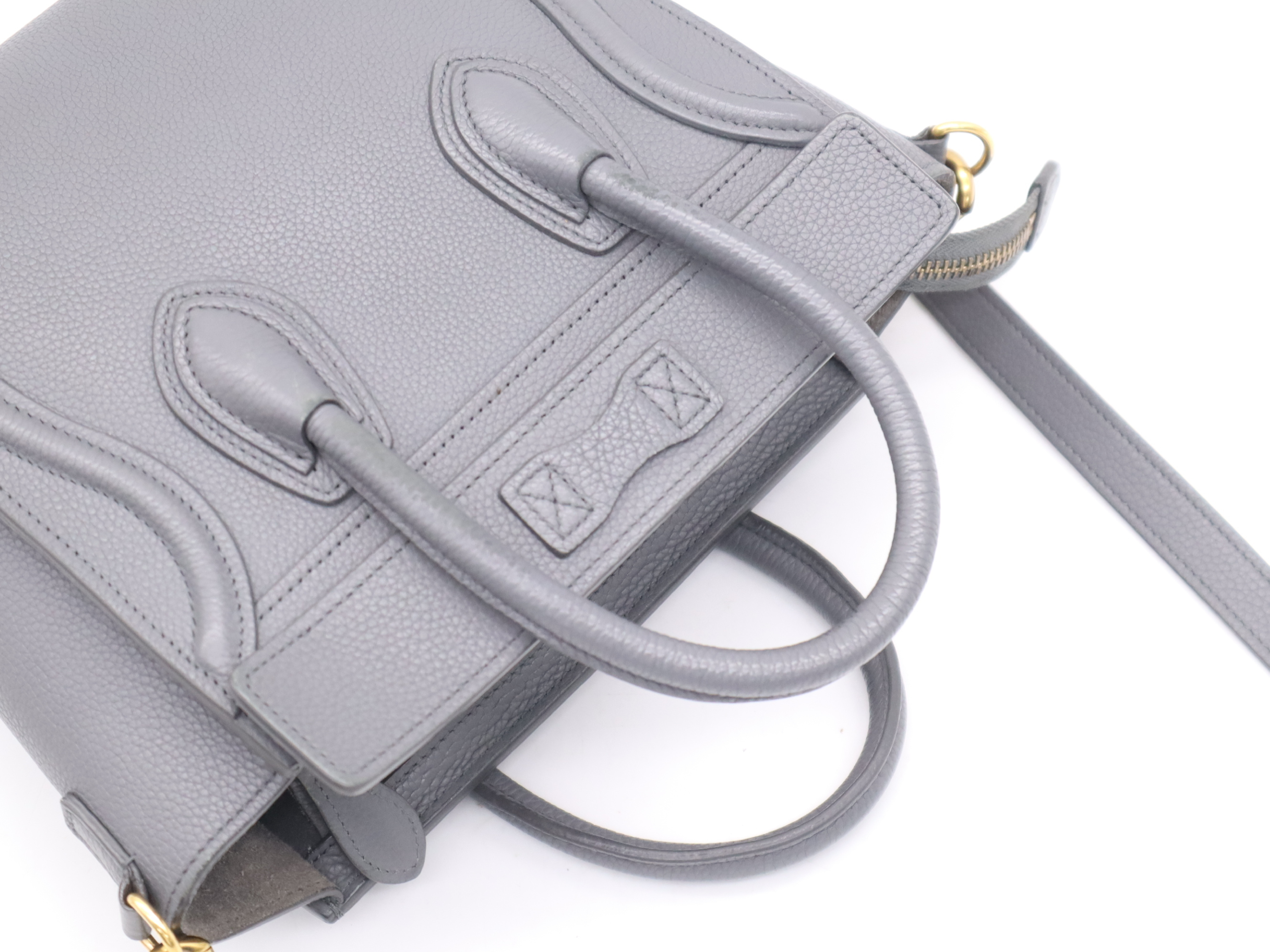 Leather Luggage Nano Handbag, Grey, Gold Hardware, with Shoulder Strap and Dust Bag — view 6